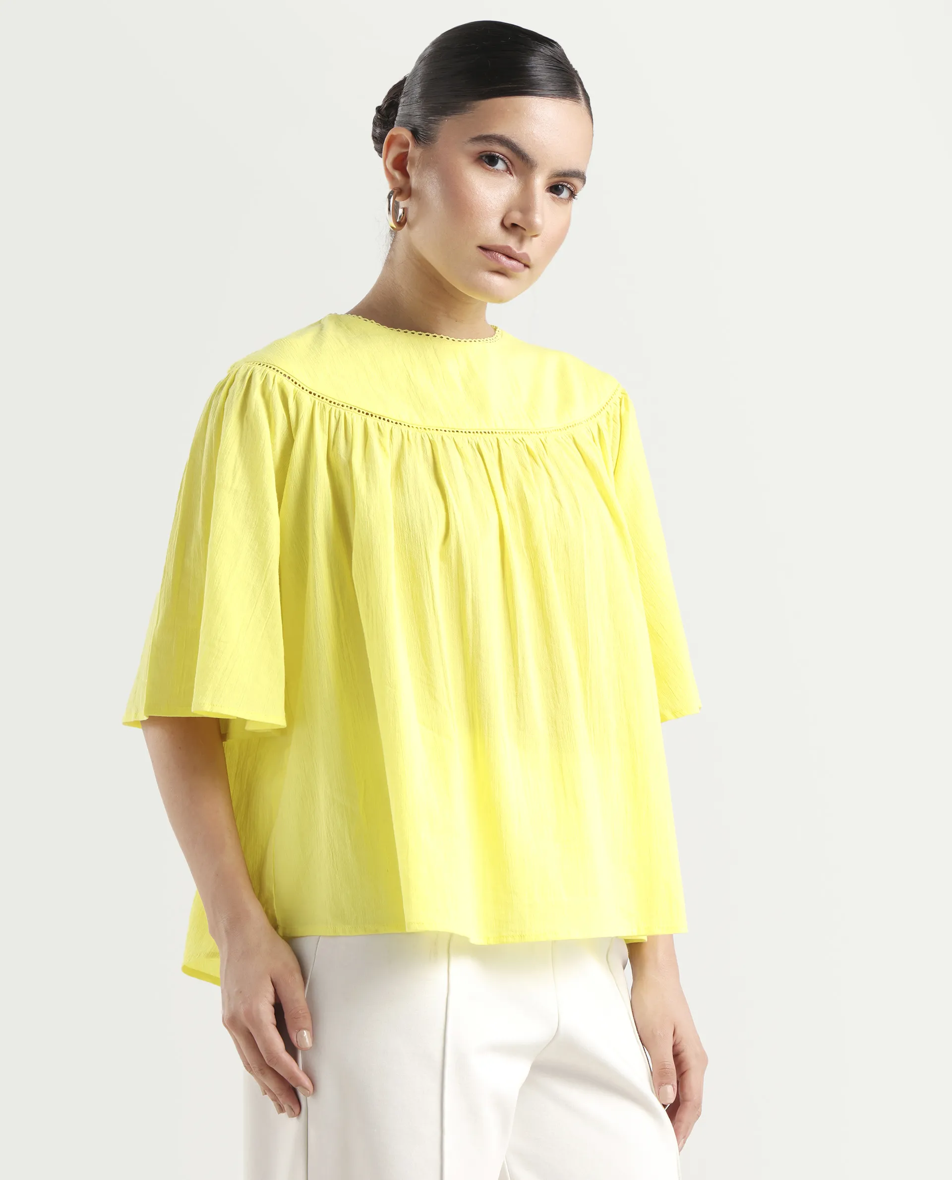 Rareism Women's Tonala Yellow Cotton Blend Crew Neck Plain Raglan Sleeve Relaxed Fit Top - Image 6