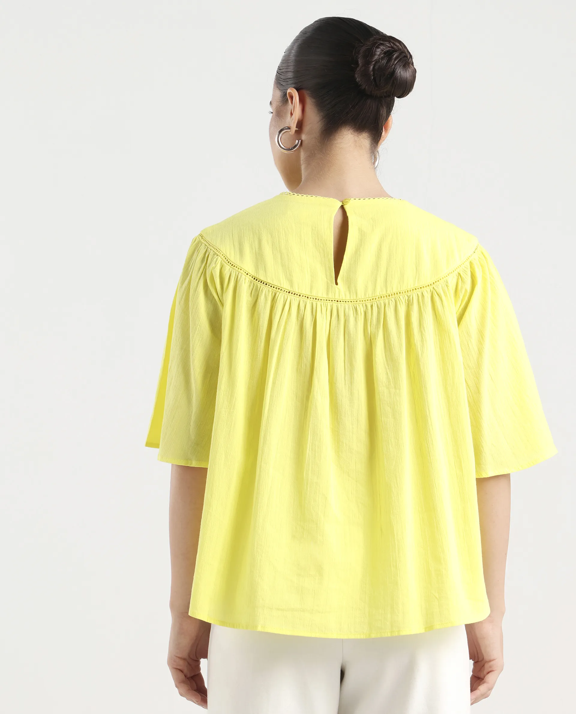 Rareism Women's Tonala Yellow Cotton Blend Crew Neck Plain Raglan Sleeve Relaxed Fit Top - Image 7