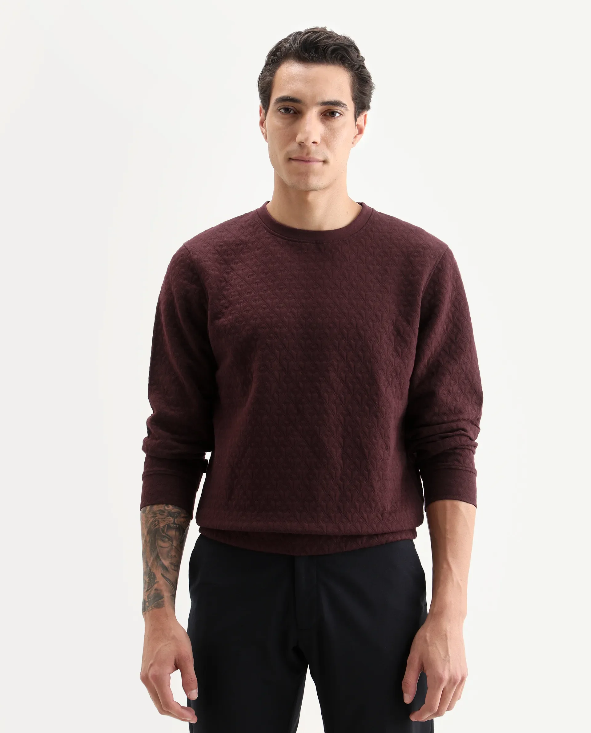 Rare Rabbit Men's Tony Maroon Cotton Plain Regular Fit Full Sleeve Crew Neck Sweatshirt - Image 3
