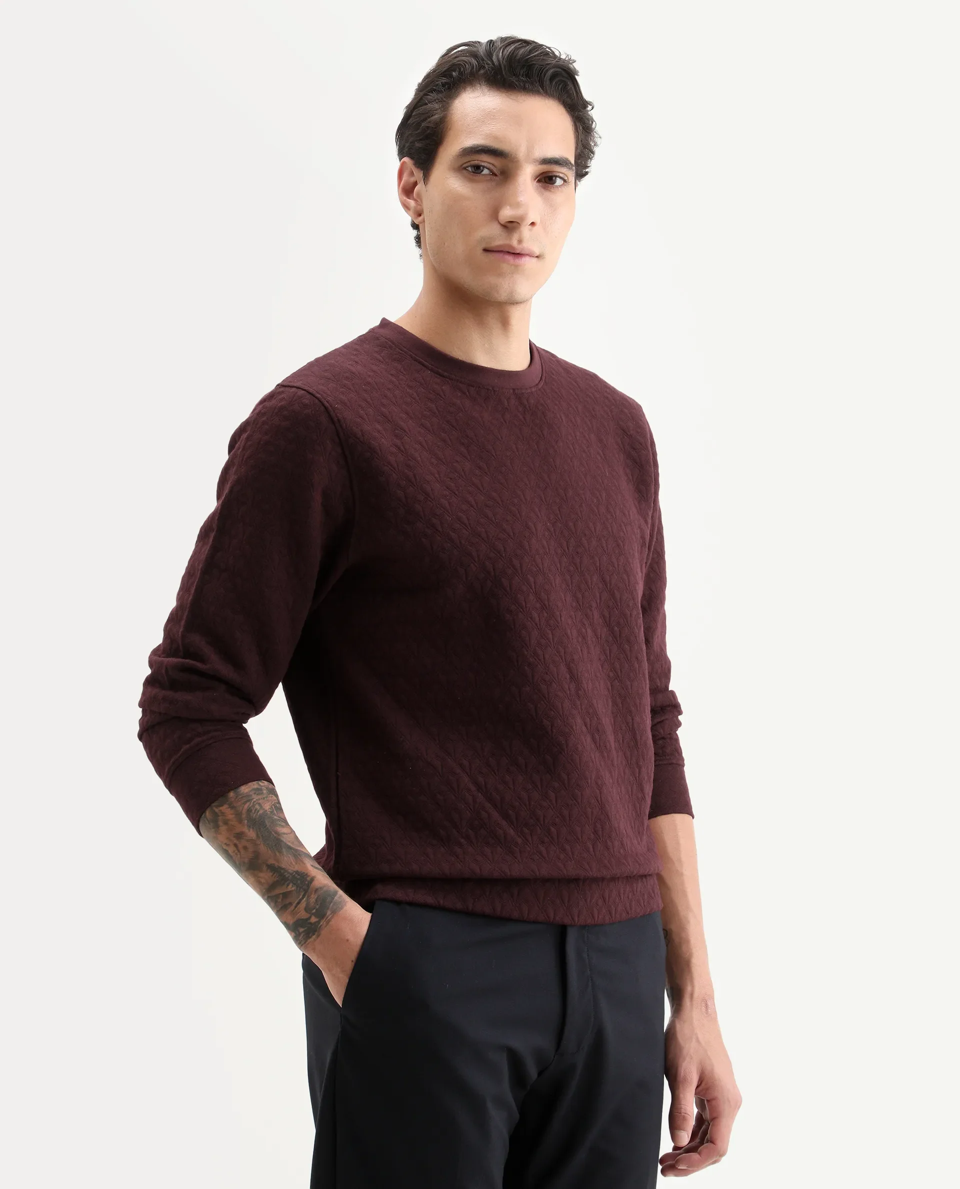 Rare Rabbit Men's Tony Maroon Cotton Plain Regular Fit Full Sleeve Crew Neck Sweatshirt - Image 5