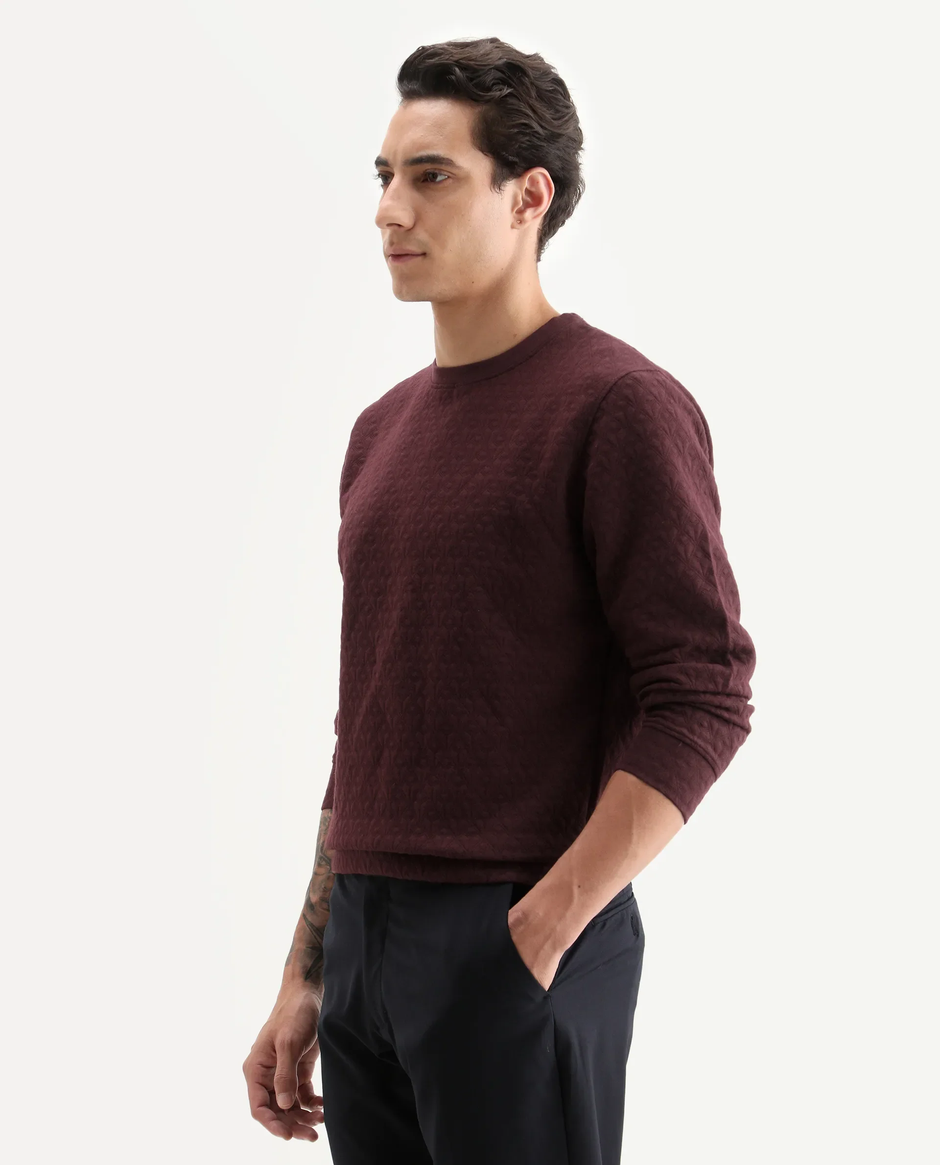 Rare Rabbit Men's Tony Maroon Cotton Plain Regular Fit Full Sleeve Crew Neck Sweatshirt - Image 6
