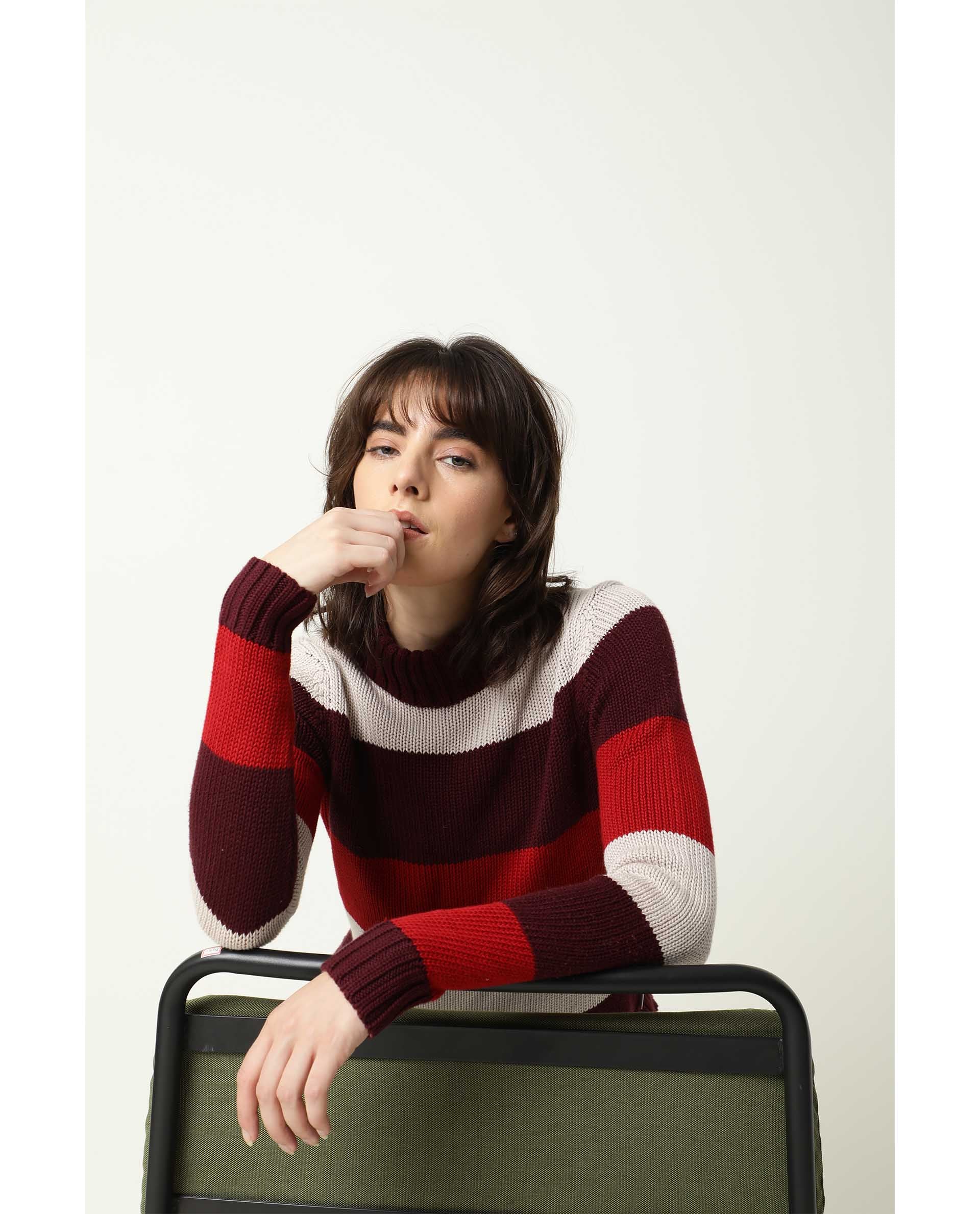 Rareism Women's Tony Maroon Turtle Neck Color Block Regular Fit Sweater