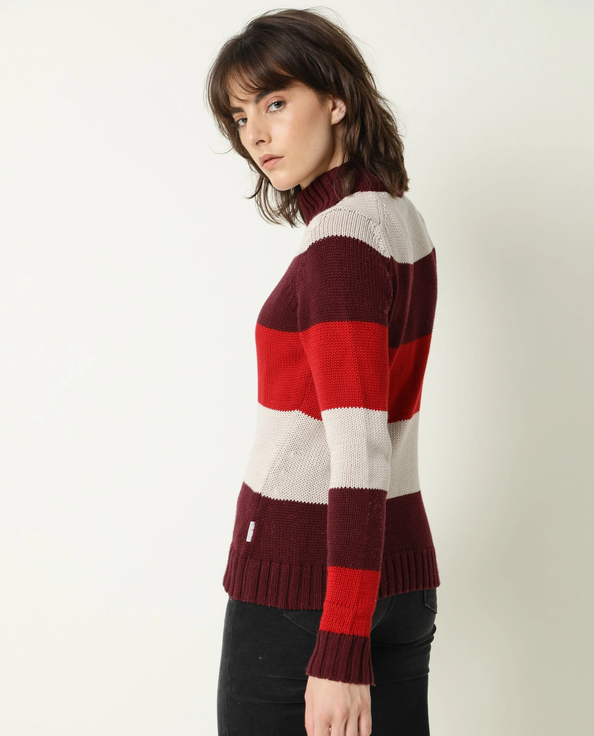 Rareism Women's Tony Maroon Turtle Neck Color Block Regular Fit Sweater - Image 10