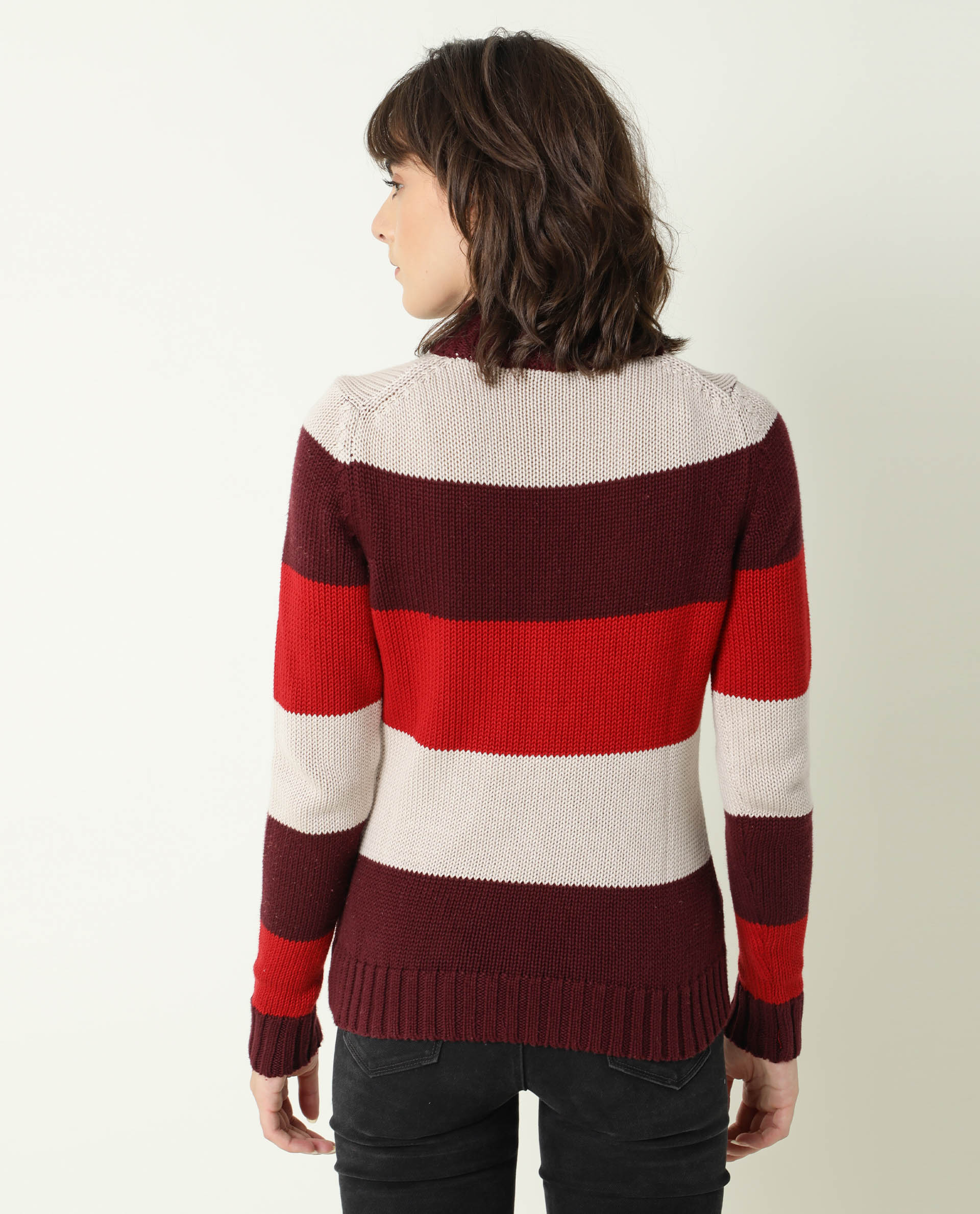 Rareism Women's Tony Maroon Turtle Neck Color Block Regular Fit Sweater - Image 11