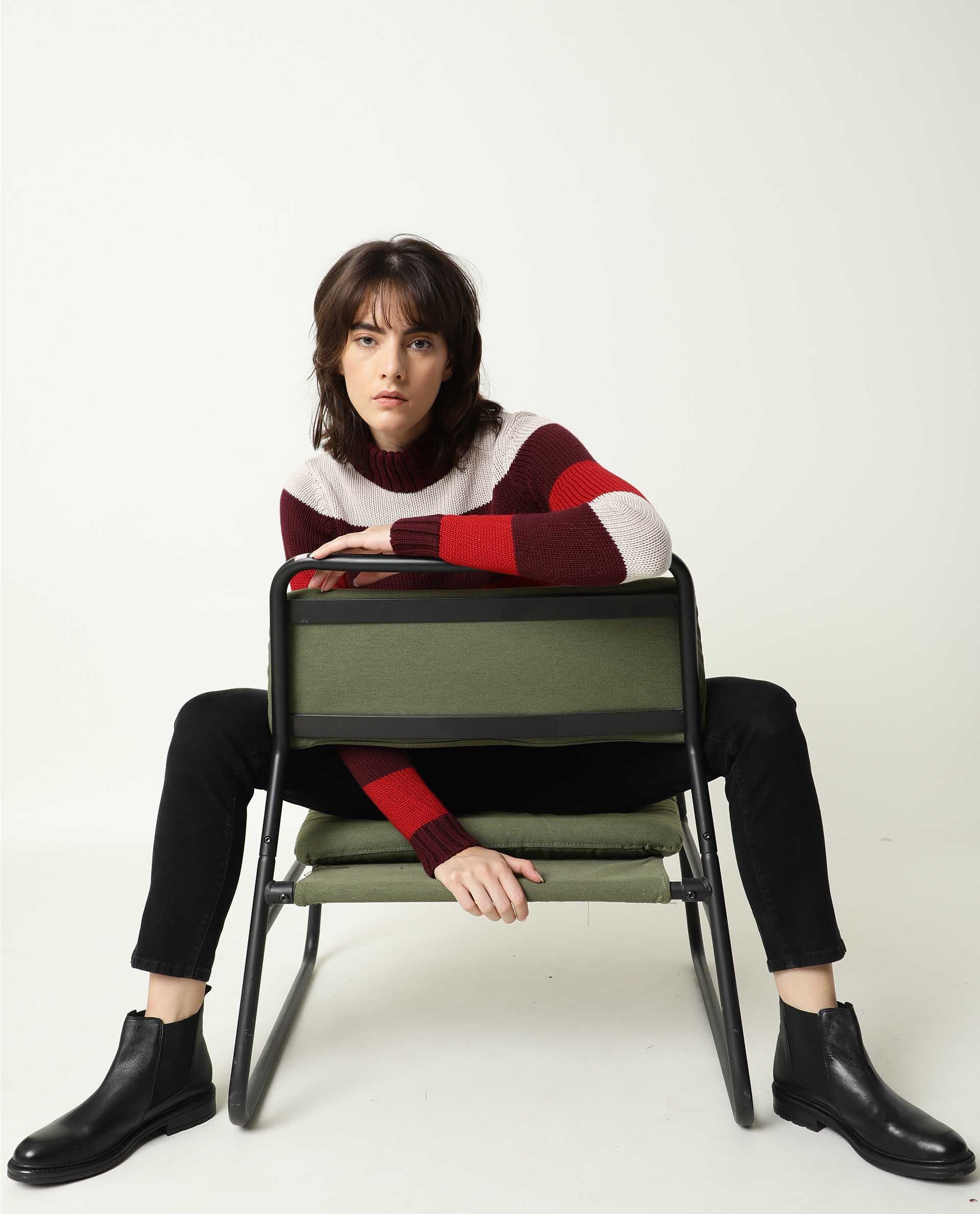 Rareism Women's Tony Maroon Turtle Neck Color Block Regular Fit Sweater - Image 12