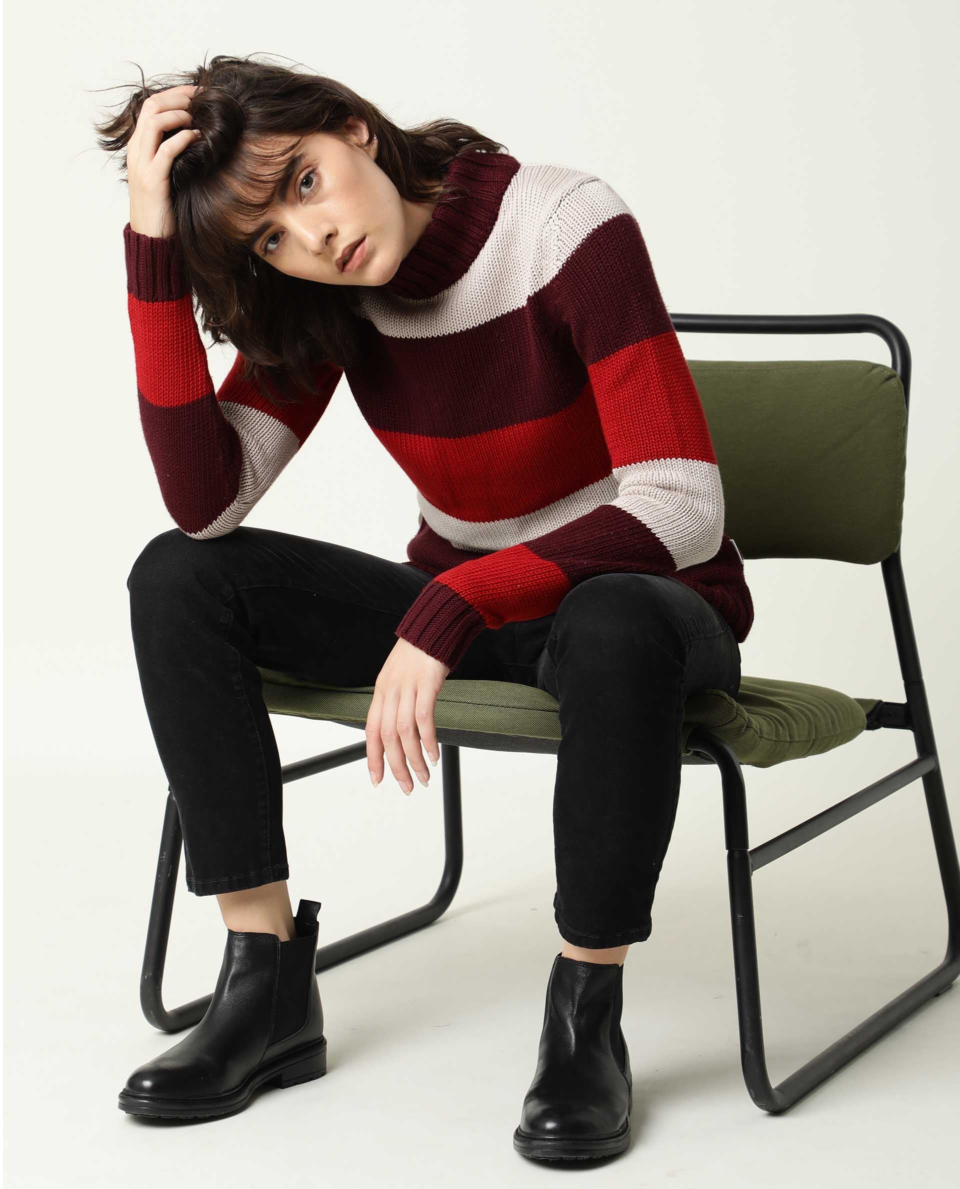 Rareism Women's Tony Maroon Turtle Neck Color Block Regular Fit Sweater - Image 13