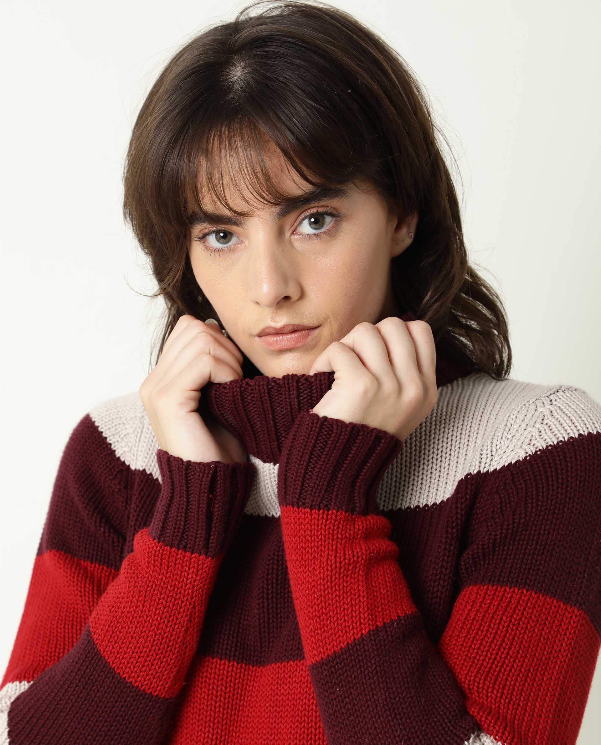 Rareism Women's Tony Maroon Turtle Neck Color Block Regular Fit Sweater - Image 14