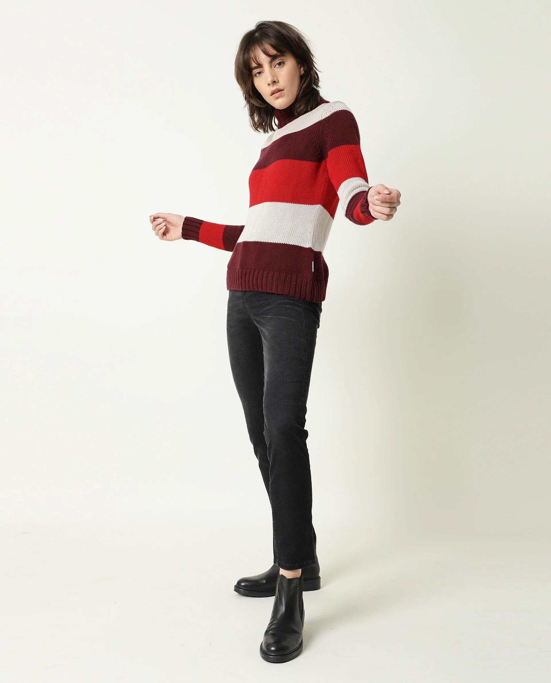 Rareism Women's Tony Maroon Turtle Neck Color Block Regular Fit Sweater - Image 2