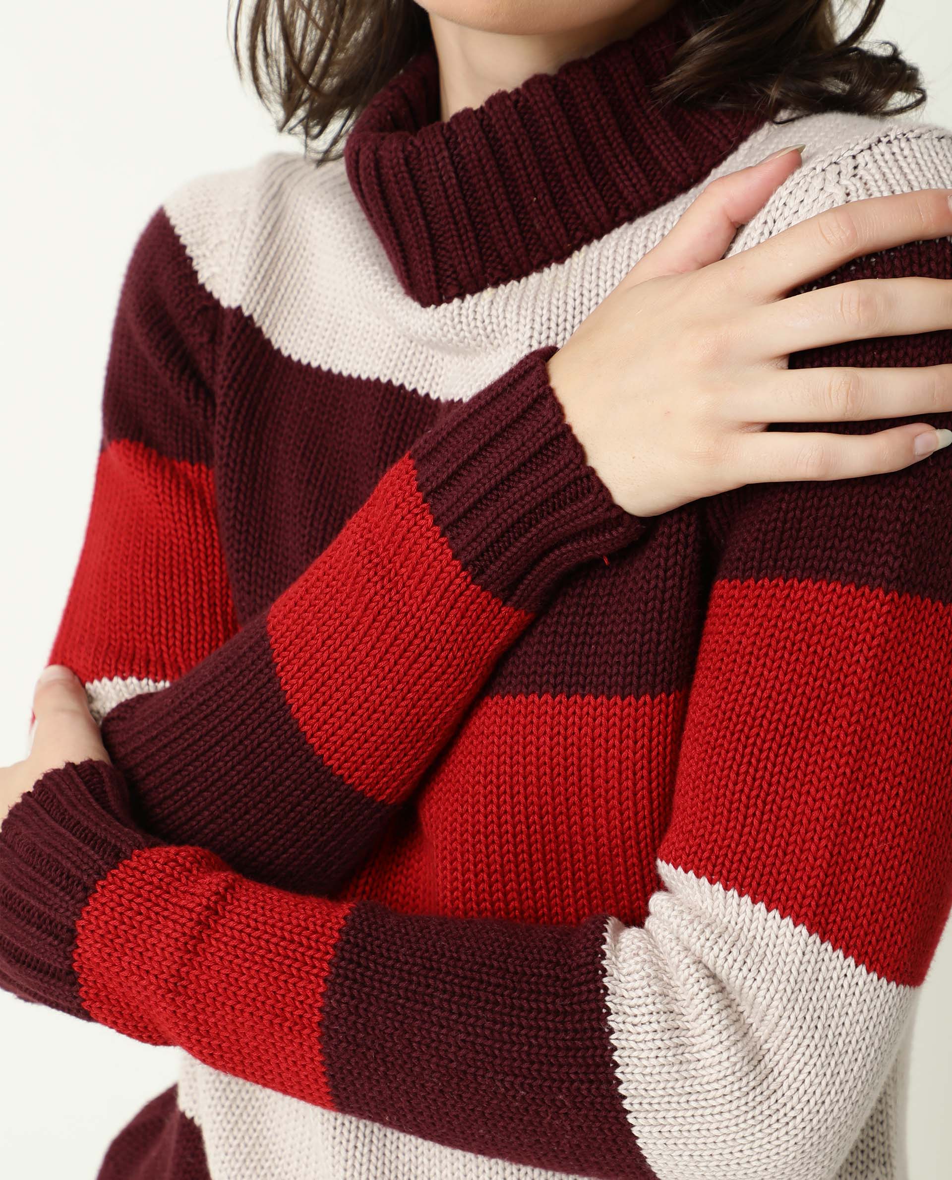 Rareism Women's Tony Maroon Turtle Neck Color Block Regular Fit Sweater - Image 3