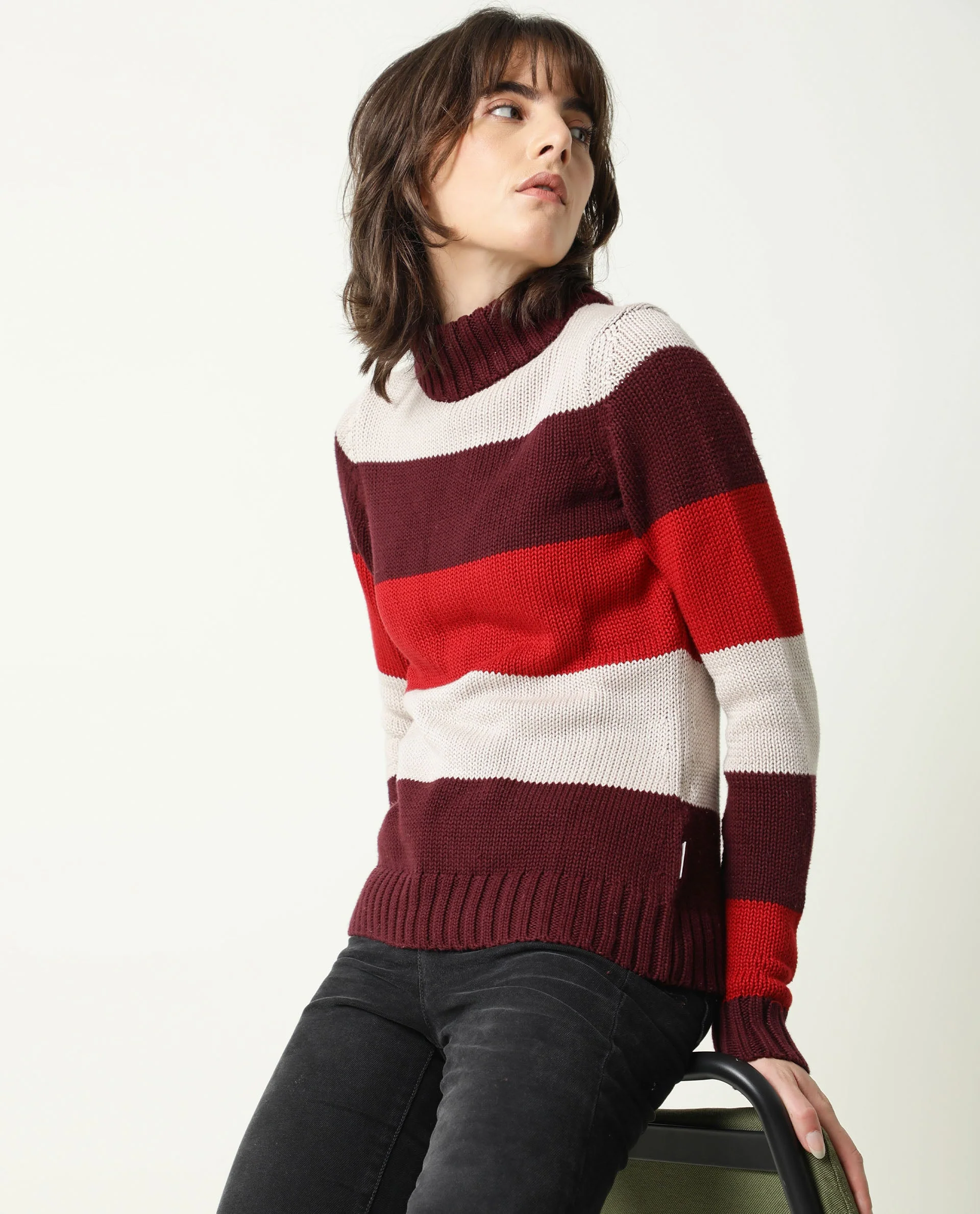 Rareism Women's Tony Maroon Turtle Neck Color Block Regular Fit Sweater - Image 4