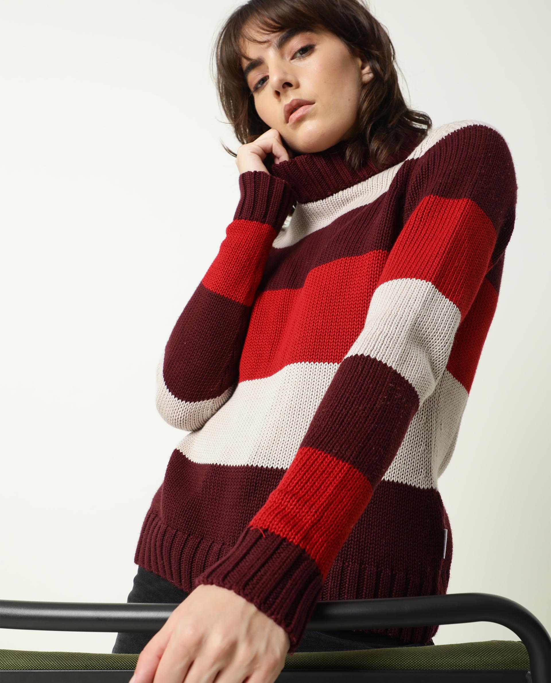Rareism Women's Tony Maroon Turtle Neck Color Block Regular Fit Sweater - Image 5