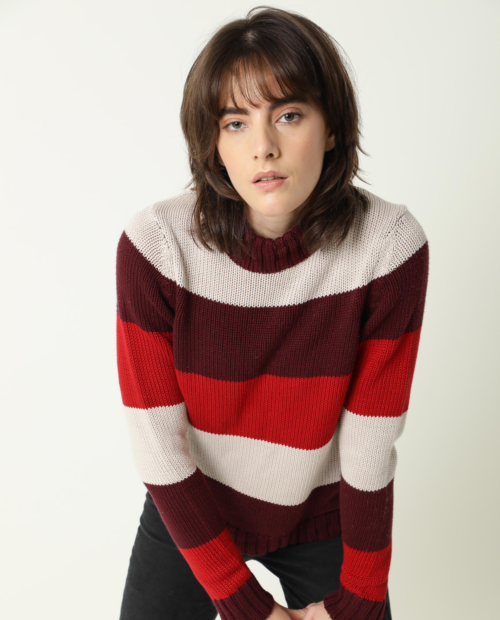 Rareism Women's Tony Maroon Turtle Neck Color Block Regular Fit Sweater - Image 6
