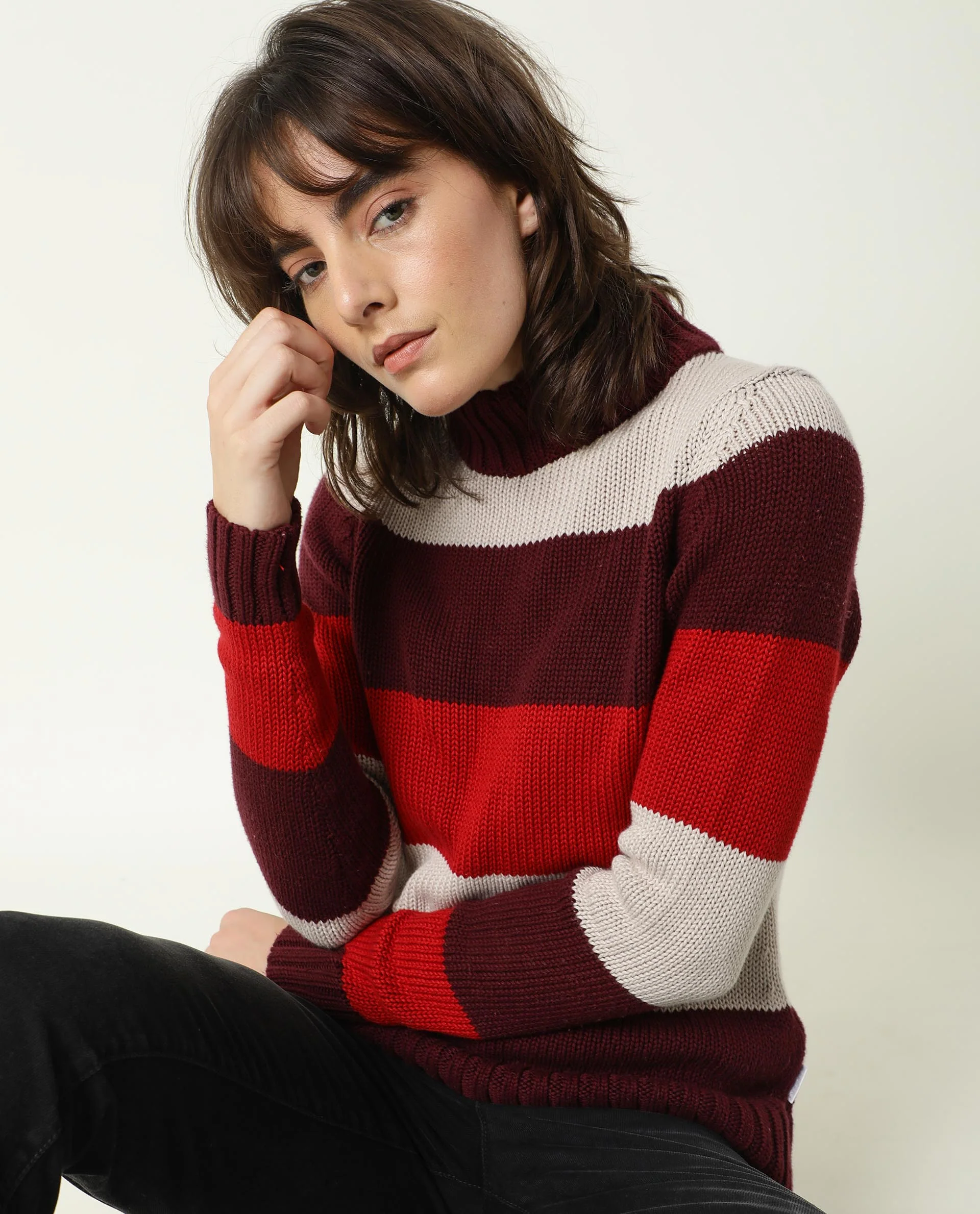 Rareism Women's Tony Maroon Turtle Neck Color Block Regular Fit Sweater - Image 7