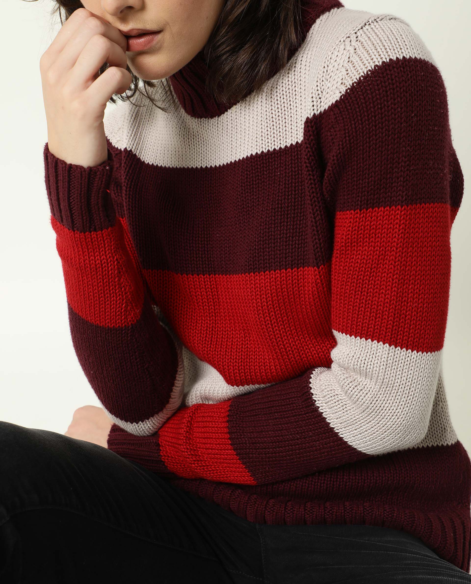 Rareism Women's Tony Maroon Turtle Neck Color Block Regular Fit Sweater - Image 8