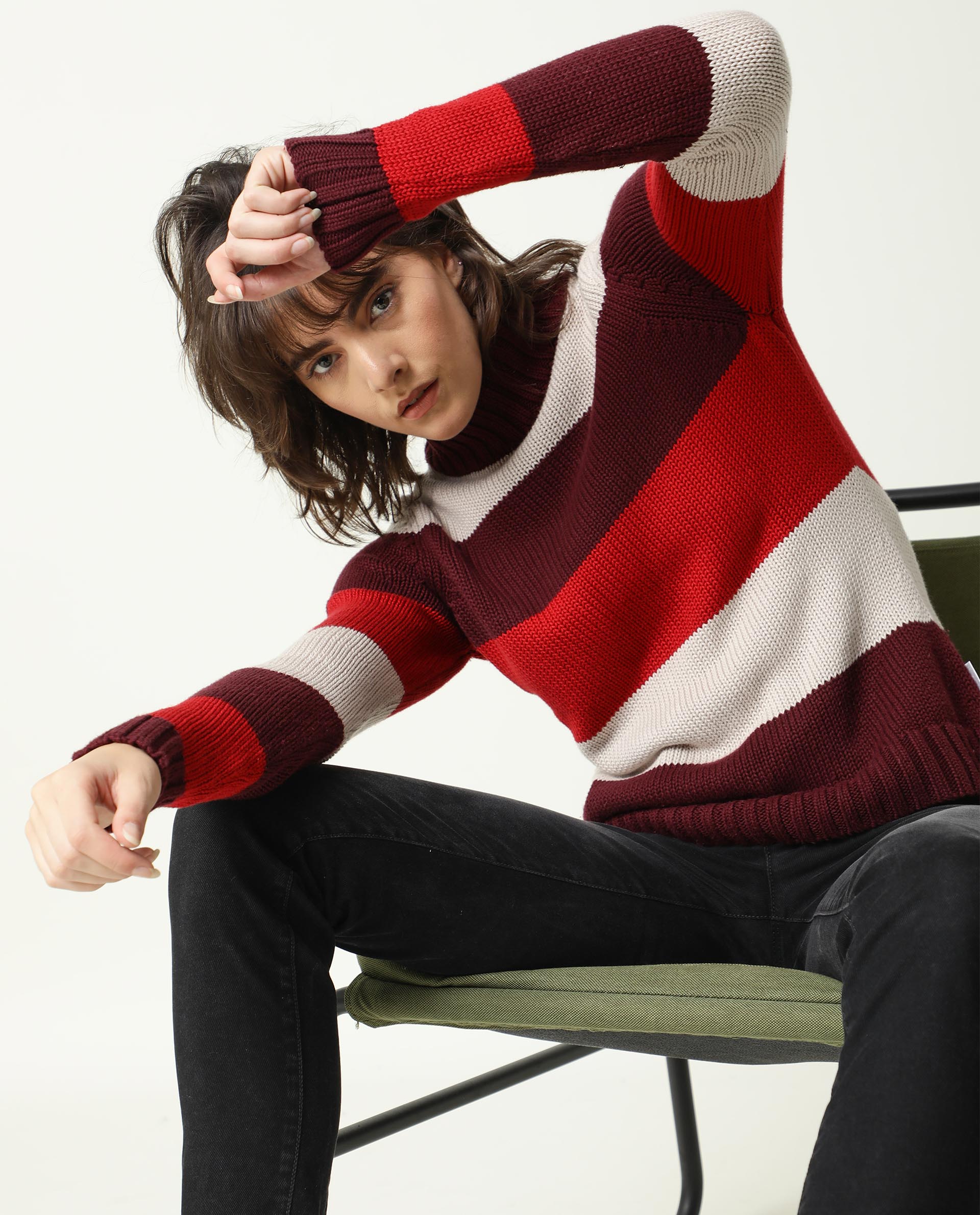 Rareism Women's Tony Maroon Turtle Neck Color Block Regular Fit Sweater - Image 9