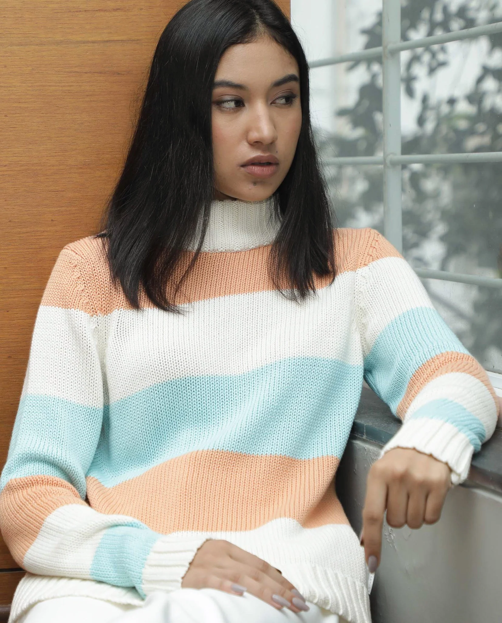 Rareism Women's Tony Orange Turtle Neck Color Block Regular Fit Sweater