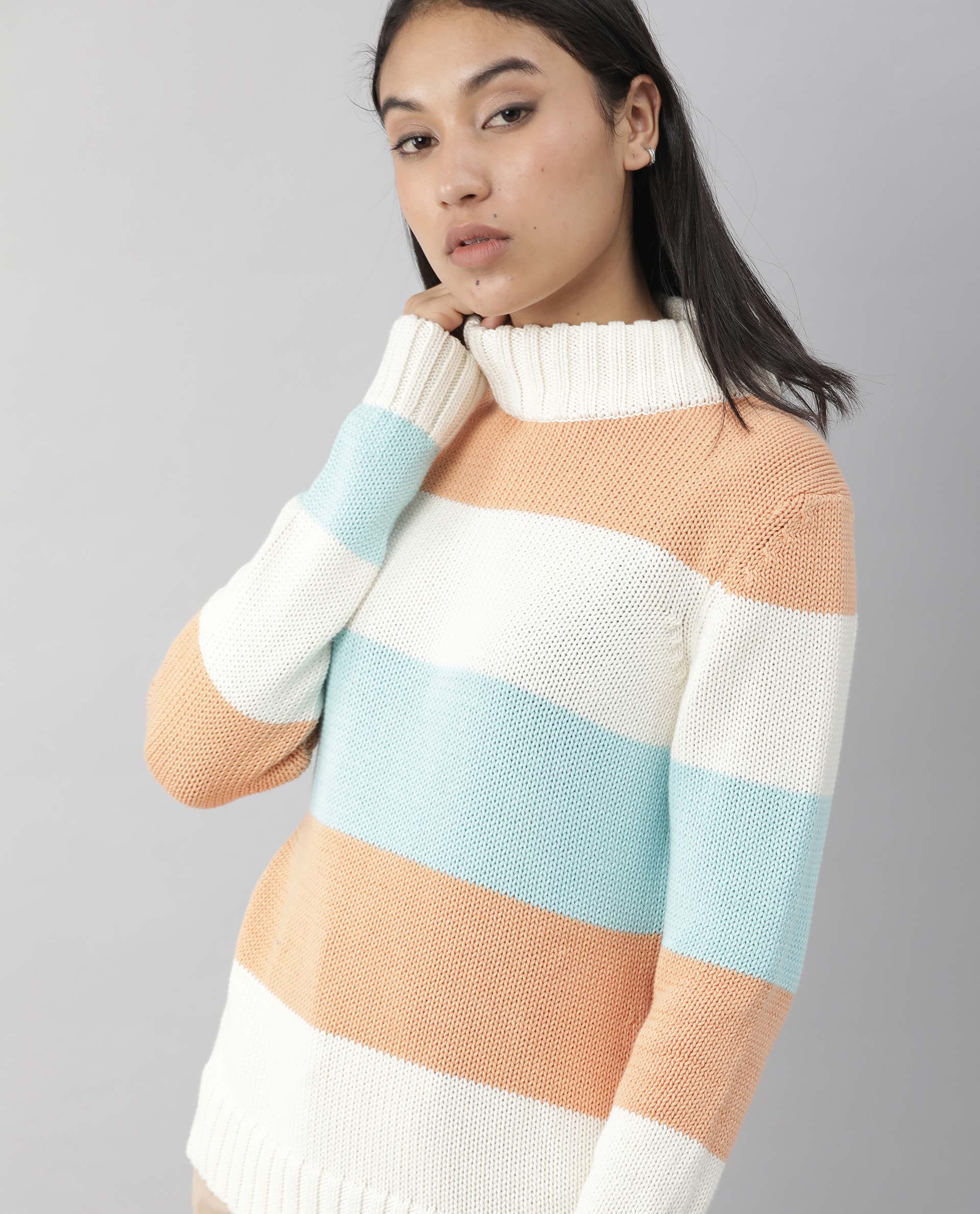 Rareism Women's Tony Orange Turtle Neck Color Block Regular Fit Sweater - Image 2