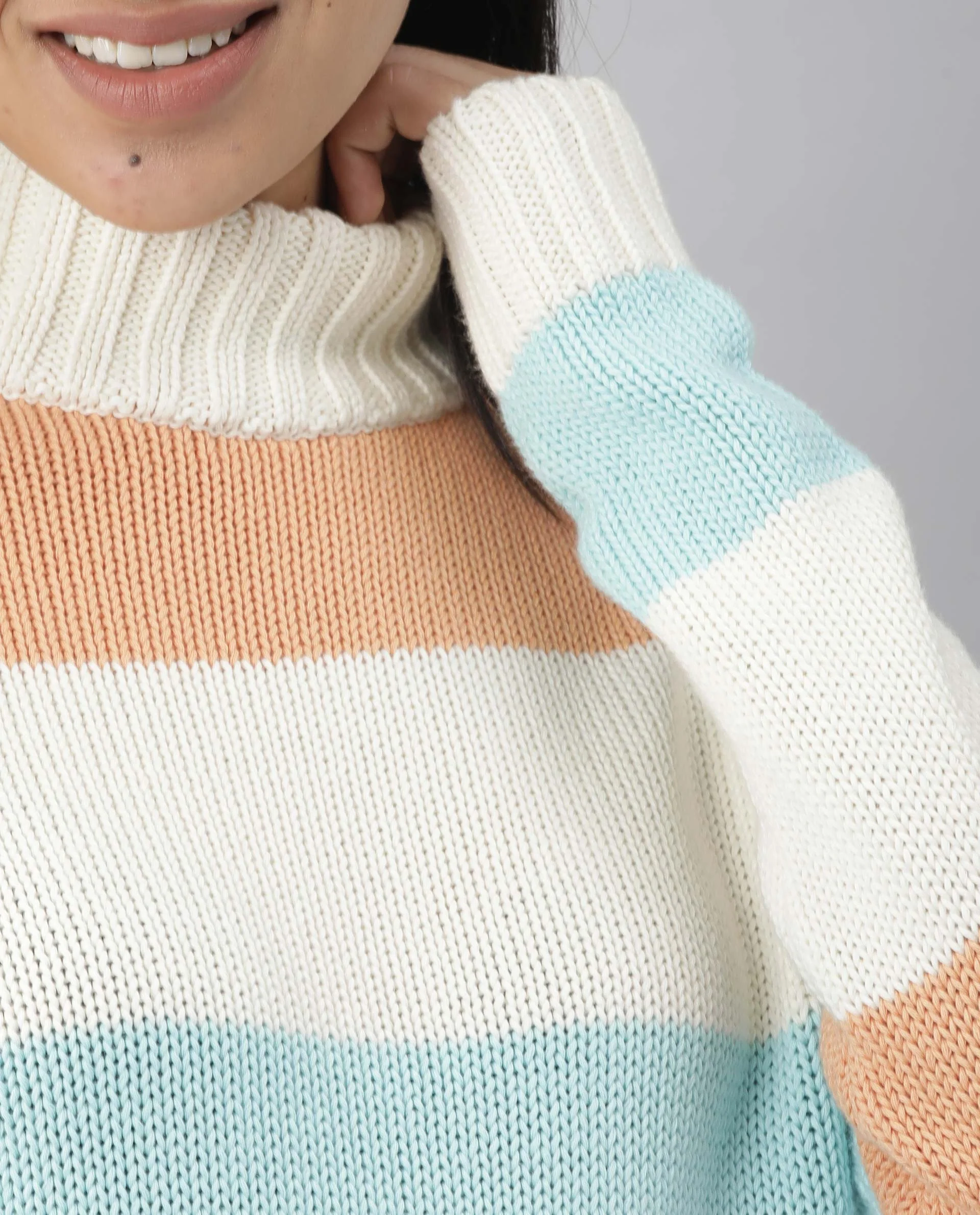 Rareism Women's Tony Orange Turtle Neck Color Block Regular Fit Sweater - Image 3