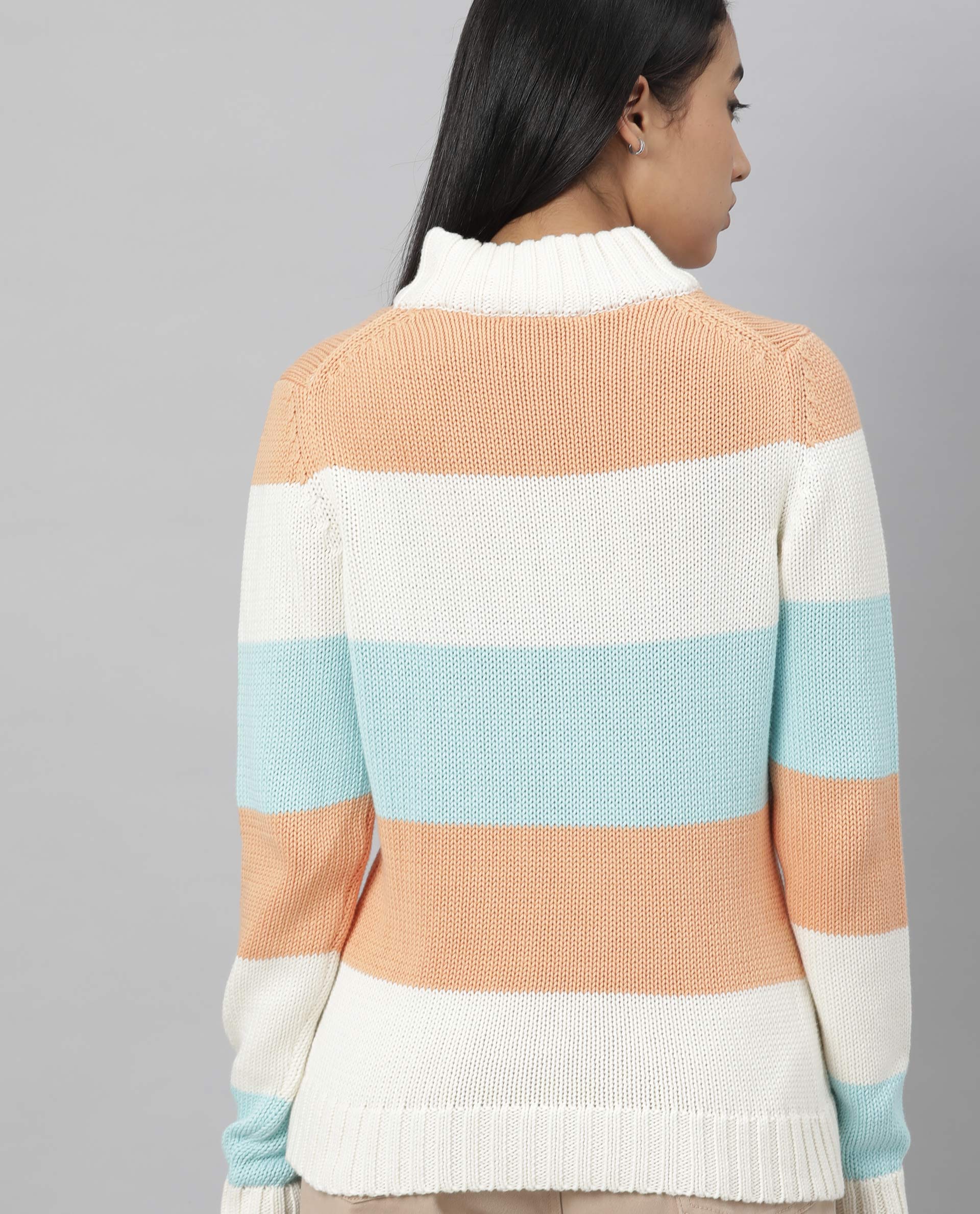 Rareism Women's Tony Orange Turtle Neck Color Block Regular Fit Sweater - Image 4