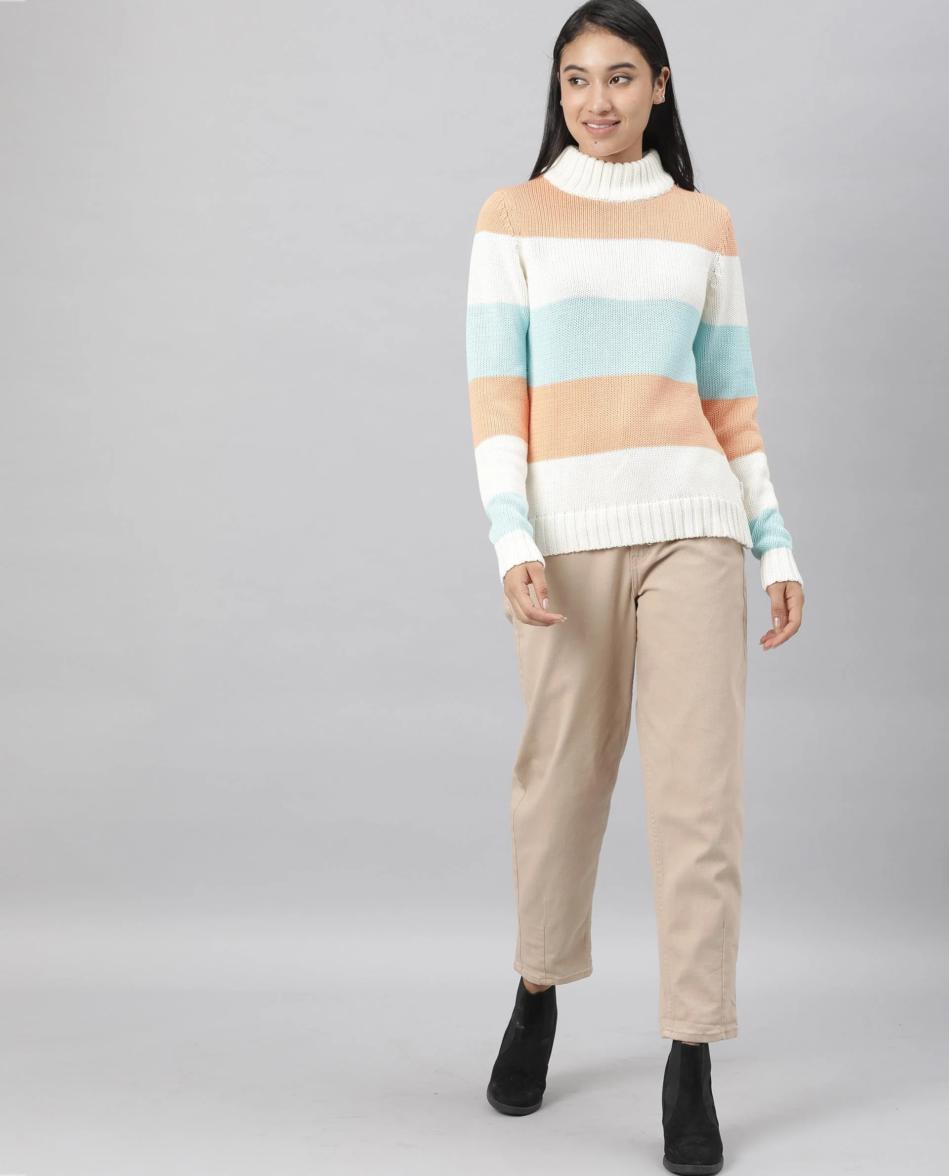 Rareism Women's Tony Orange Turtle Neck Color Block Regular Fit Sweater - Image 5