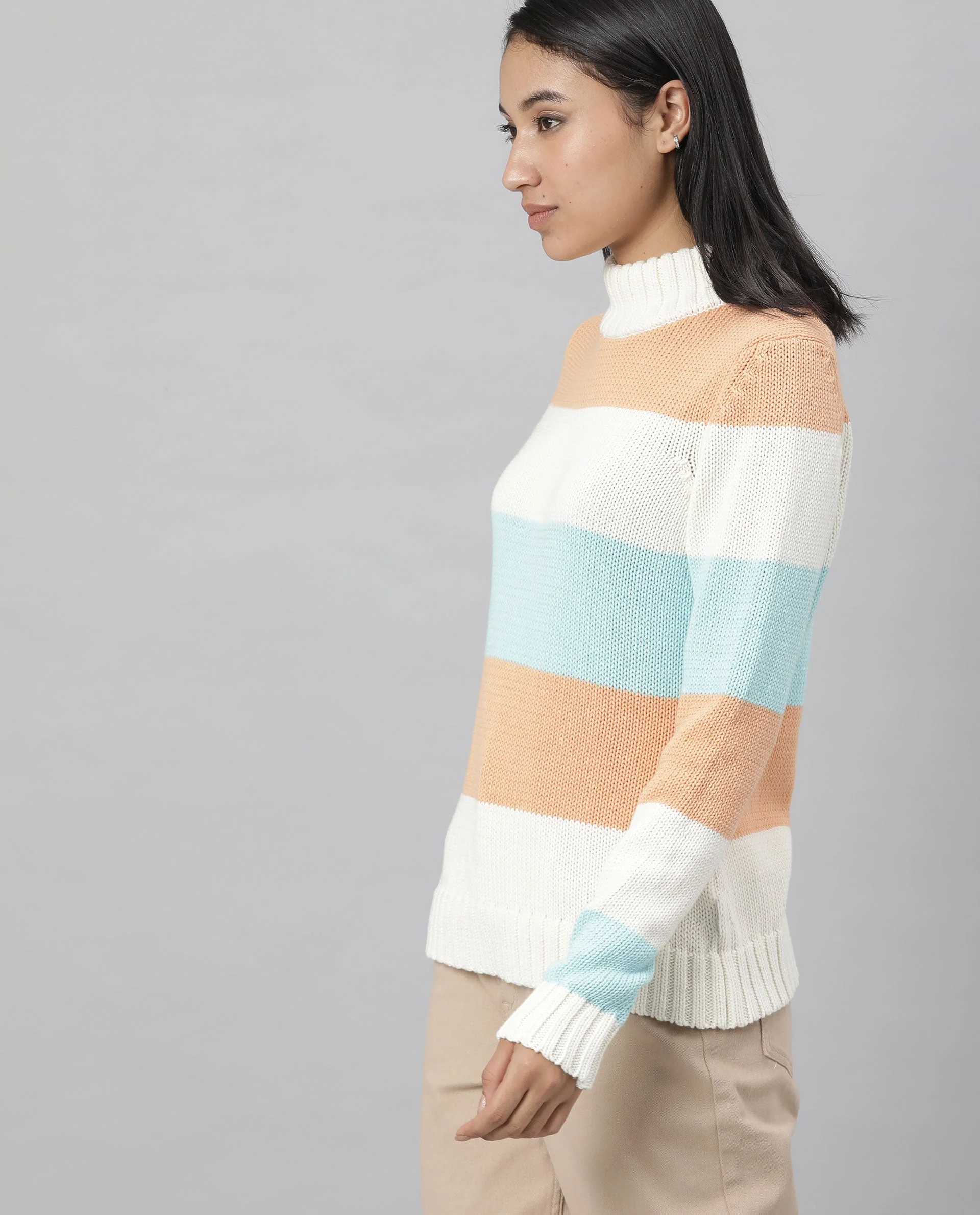 Rareism Women's Tony Orange Turtle Neck Color Block Regular Fit Sweater - Image 6
