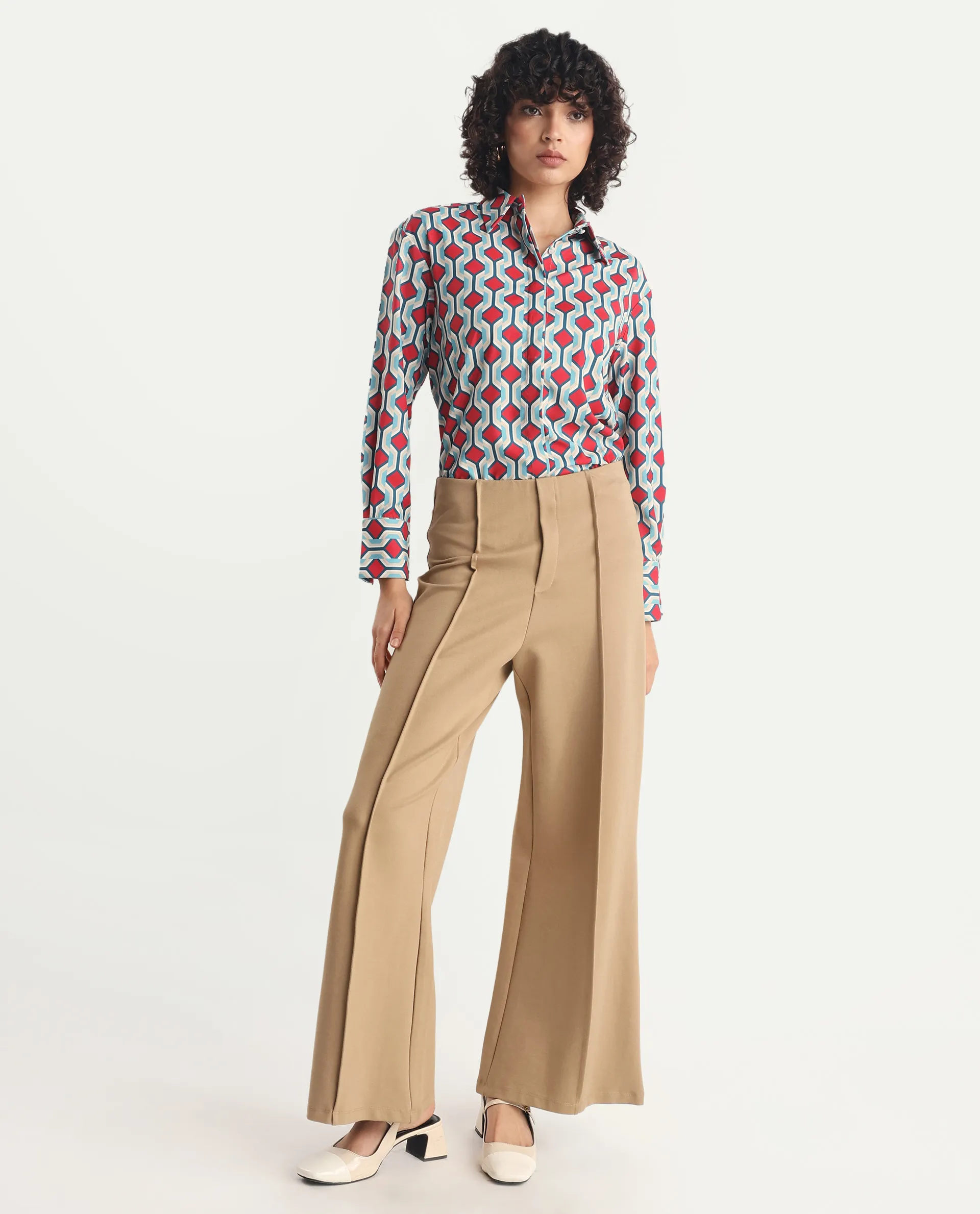 Rareism Women's Tonyhale Multi Satin Spread Collar Geometric Print Cuffed Sleeve Regular Fit Top - Image 2