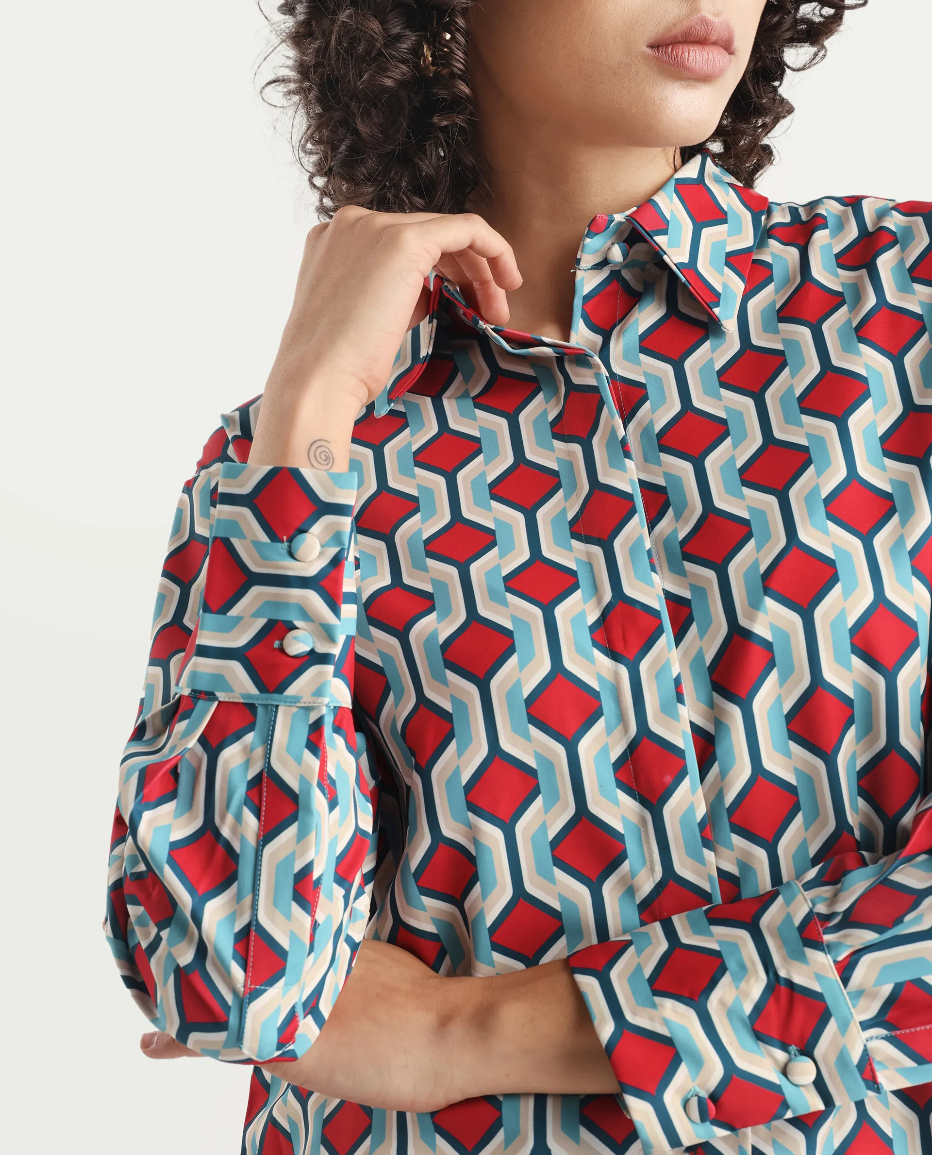 Rareism Women's Tonyhale Multi Satin Spread Collar Geometric Print Cuffed Sleeve Regular Fit Top - Image 3