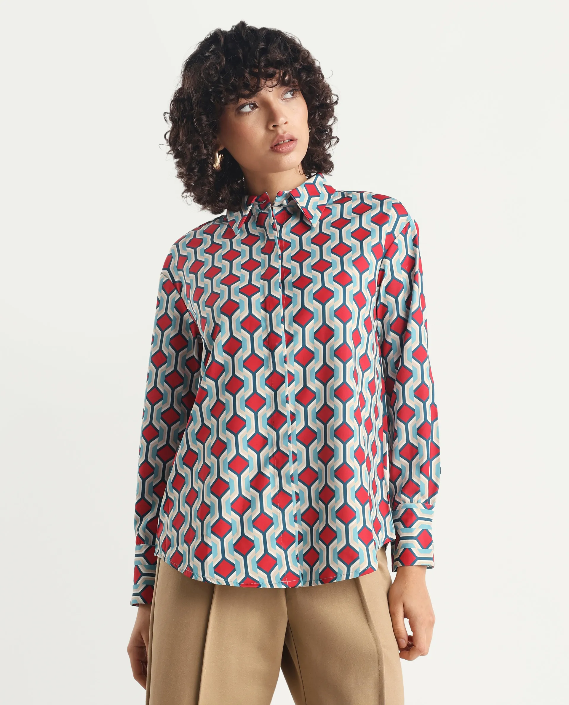 Rareism Women's Tonyhale Multi Satin Spread Collar Geometric Print Cuffed Sleeve Regular Fit Top - Image 4