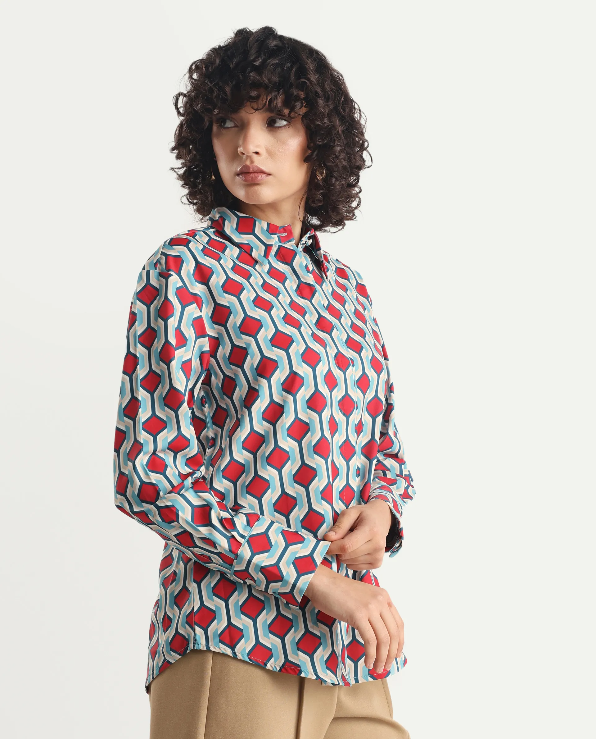 Rareism Women's Tonyhale Multi Satin Spread Collar Geometric Print Cuffed Sleeve Regular Fit Top - Image 5