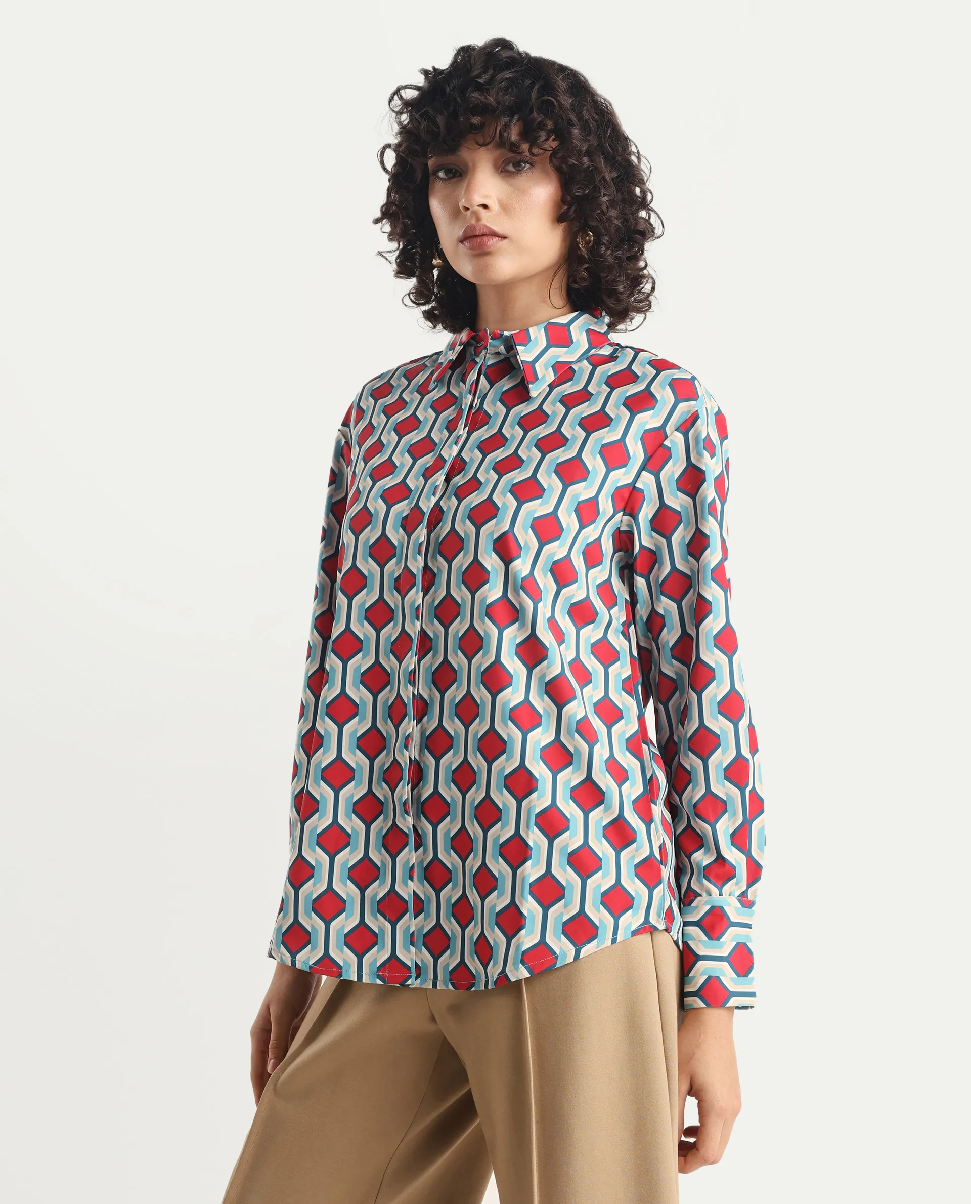 Rareism Women's Tonyhale Multi Satin Spread Collar Geometric Print Cuffed Sleeve Regular Fit Top - Image 6