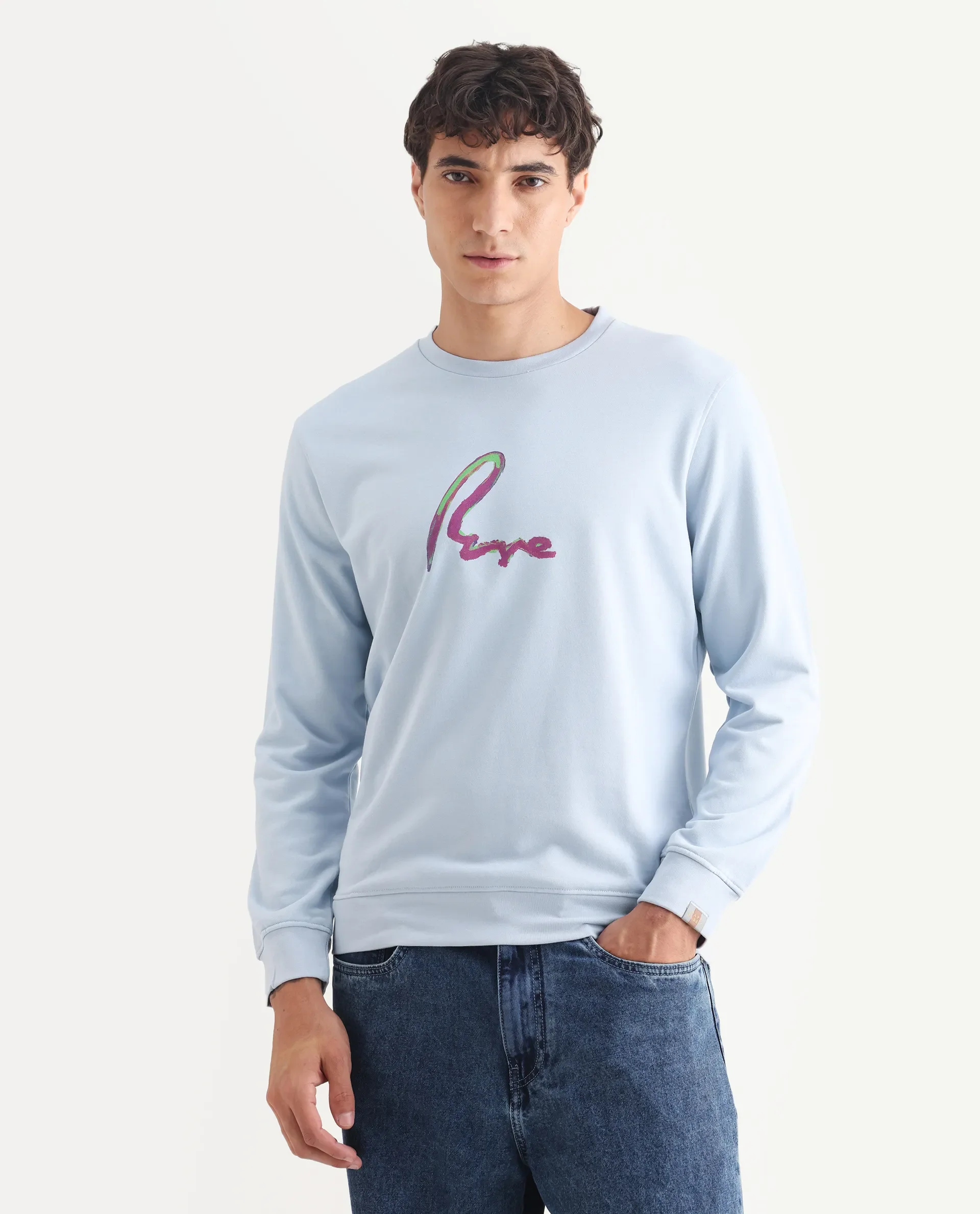 Rare Rabbit Men's Toon Light Blue Cotton Graphic Print Regular Fit Full Sleeve Crew Neck Sweatshirt - Image 3