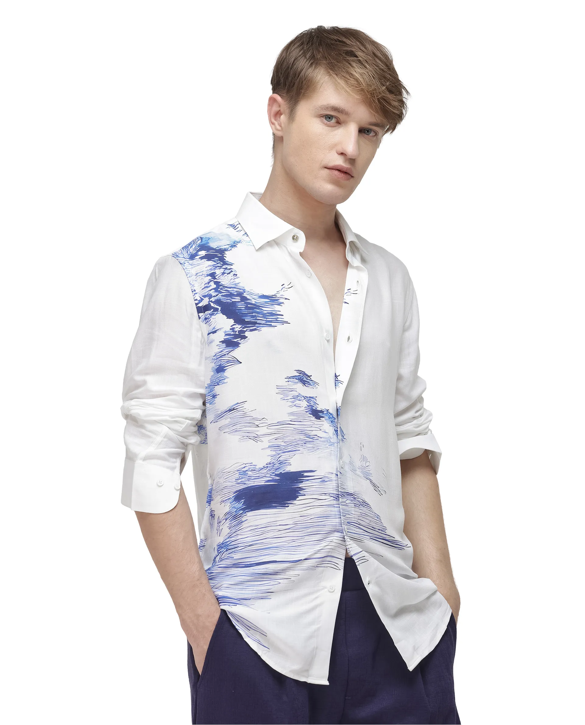 Rare Rabbit Men's Topan White Viscose Blend Abstract Print Relaxed Fit Full Sleeve Collared Shirt