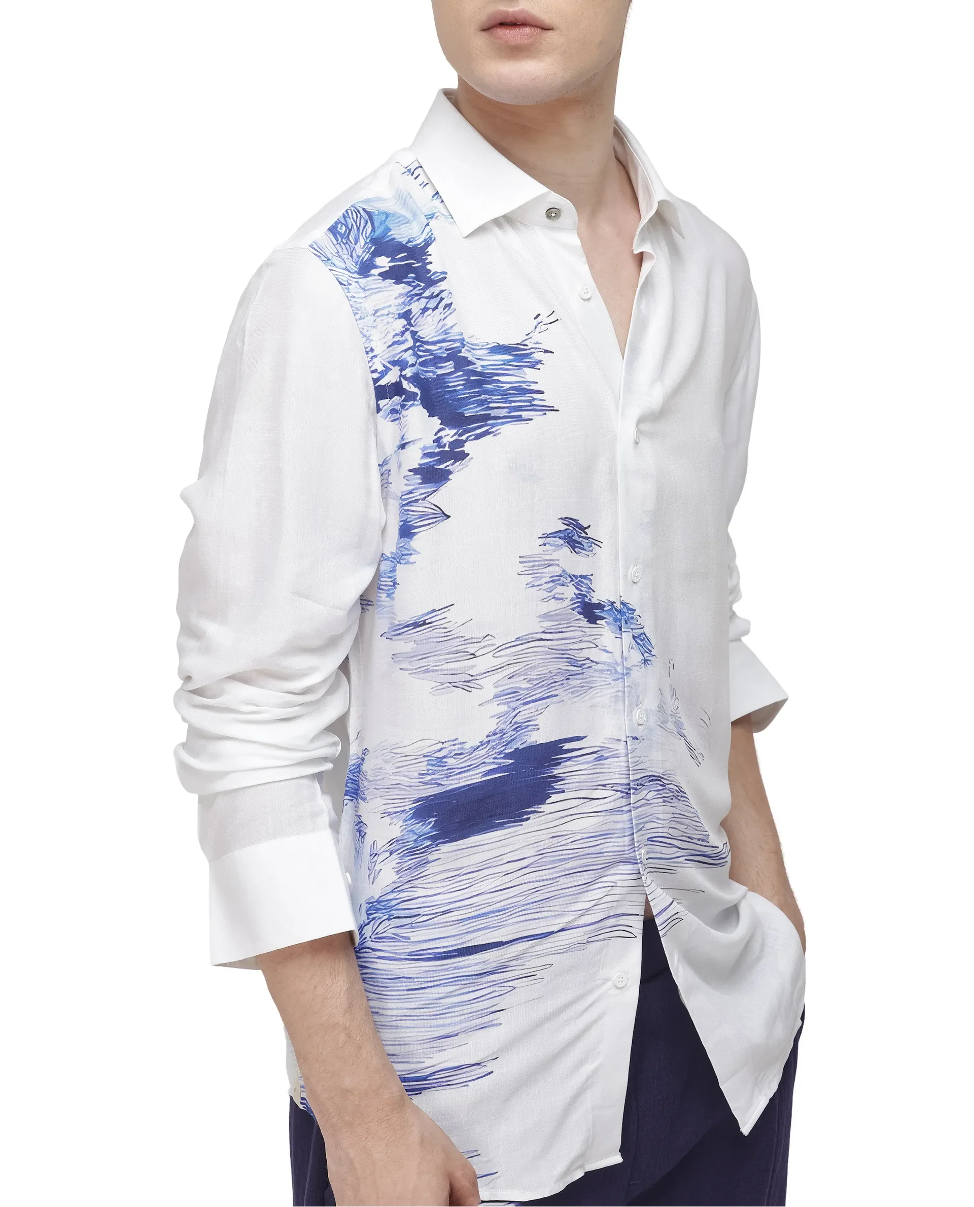 Rare Rabbit Men's Topan White Viscose Blend Abstract Print Relaxed Fit Full Sleeve Collared Shirt - Image 3