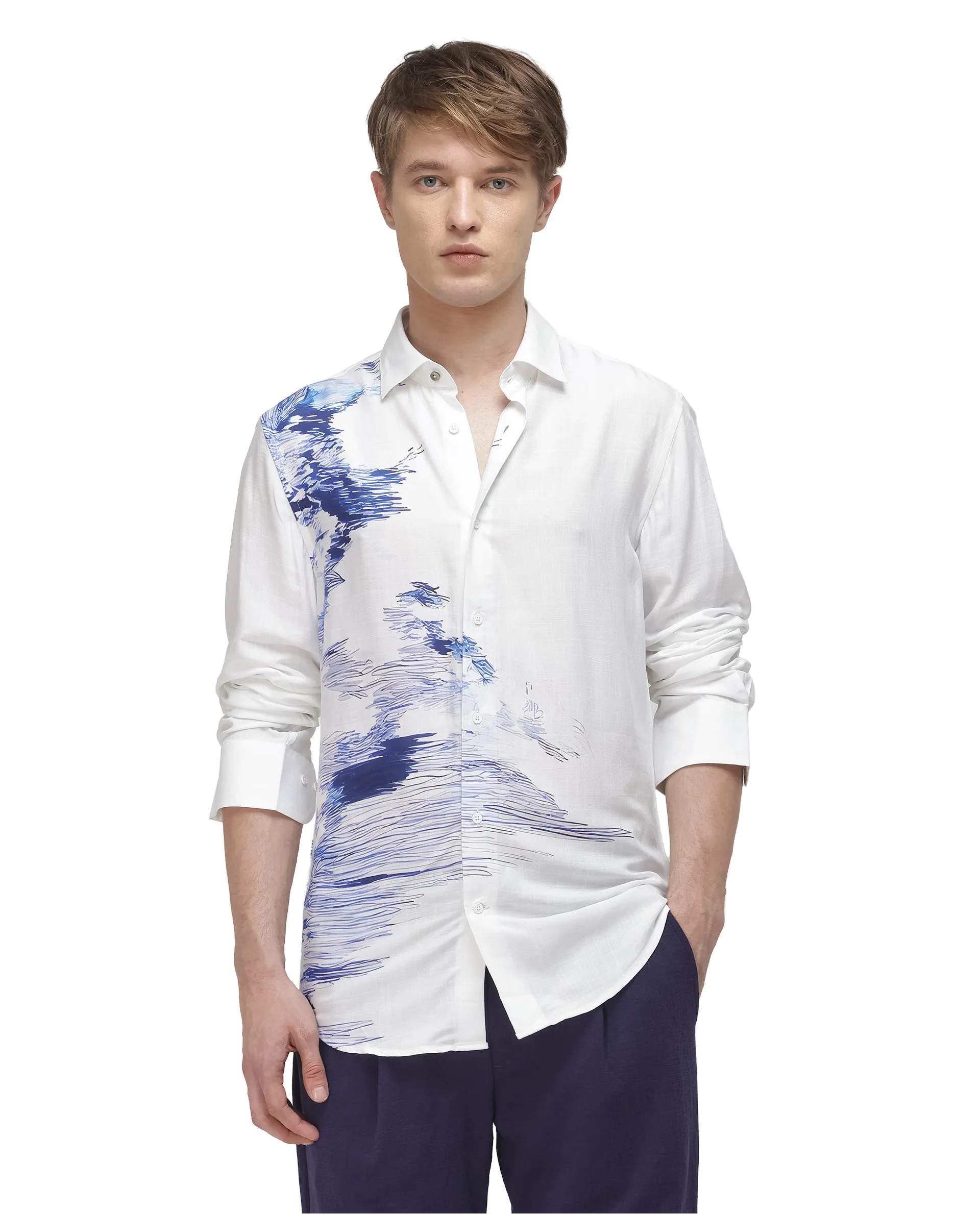 Rare Rabbit Men's Topan White Viscose Blend Abstract Print Relaxed Fit Full Sleeve Collared Shirt - Image 5