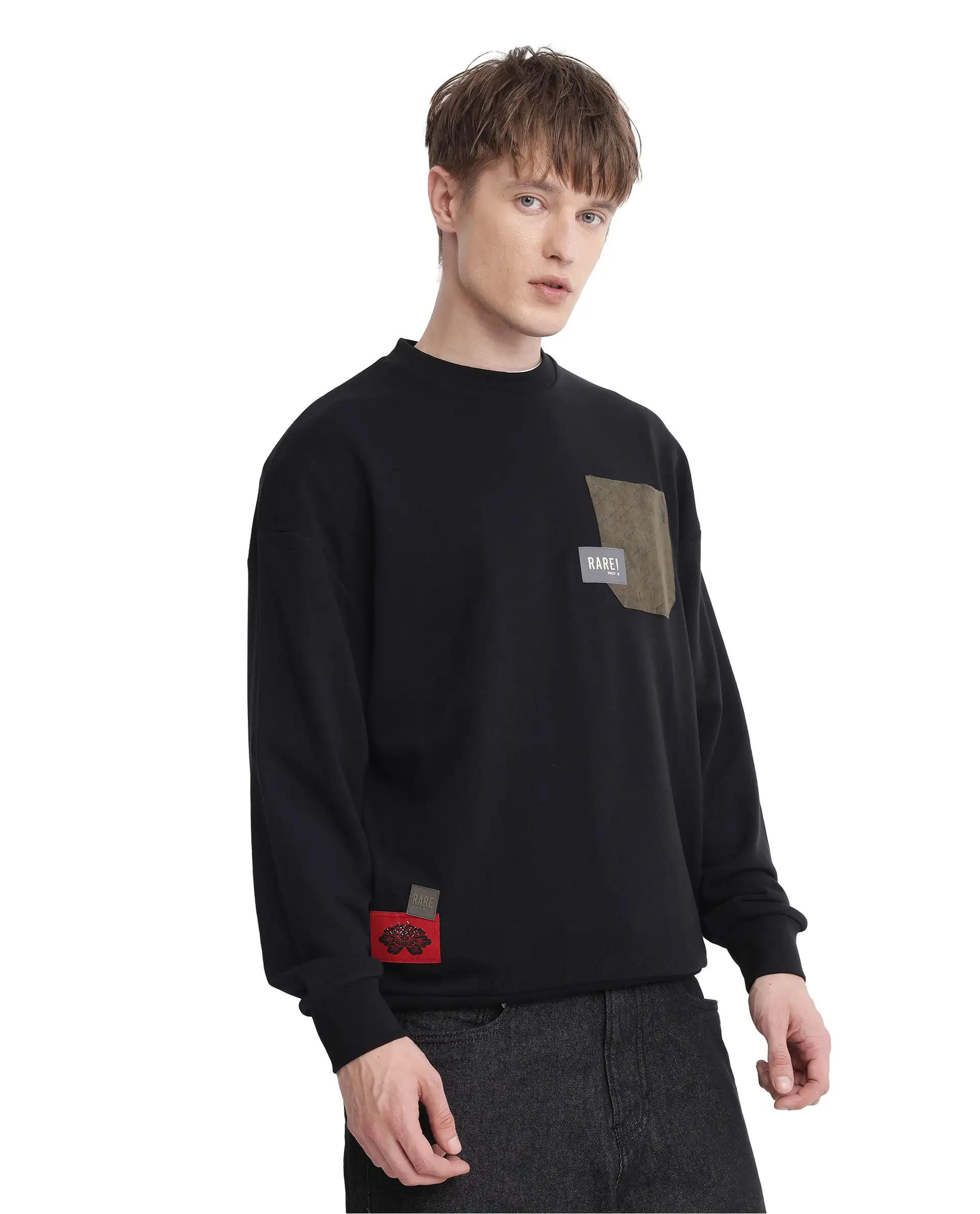 Rare Rabbit Men's Toren Black Cotton Blend Label Print Boxy Fit Full Sleeve Crew Neck Sweatshirt