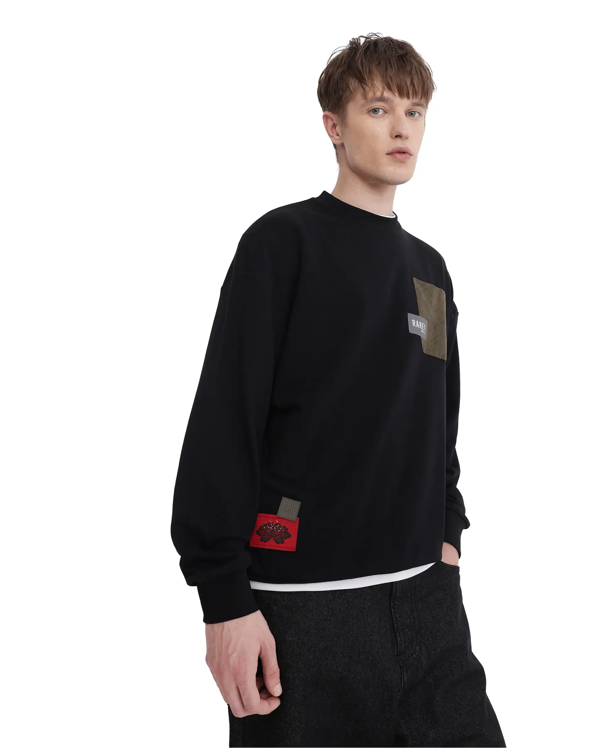 Rare Rabbit Men's Toren Black Cotton Blend Label Print Boxy Fit Full Sleeve Crew Neck Sweatshirt - Image 2