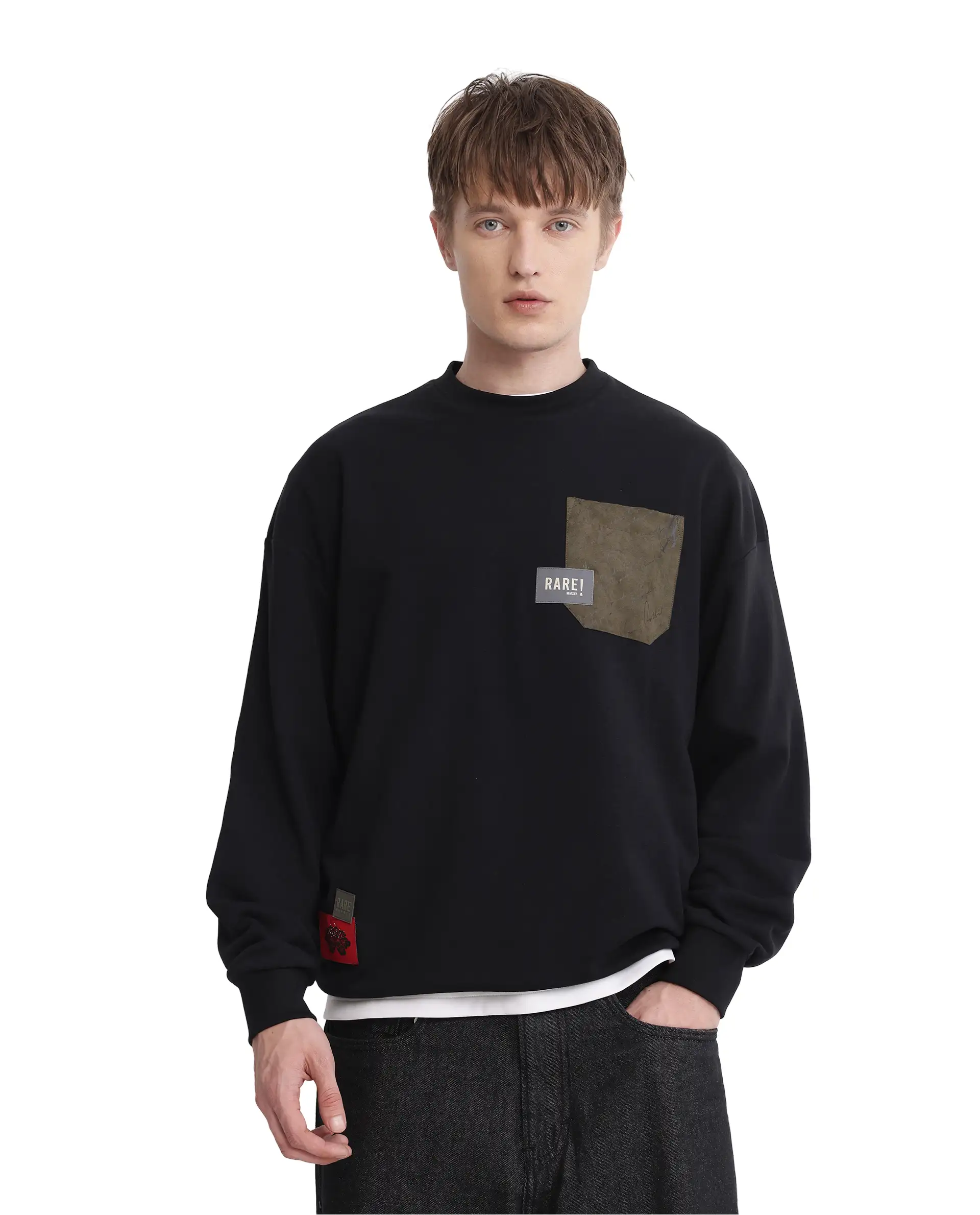 Rare Rabbit Men's Toren Black Cotton Blend Label Print Boxy Fit Full Sleeve Crew Neck Sweatshirt - Image 3