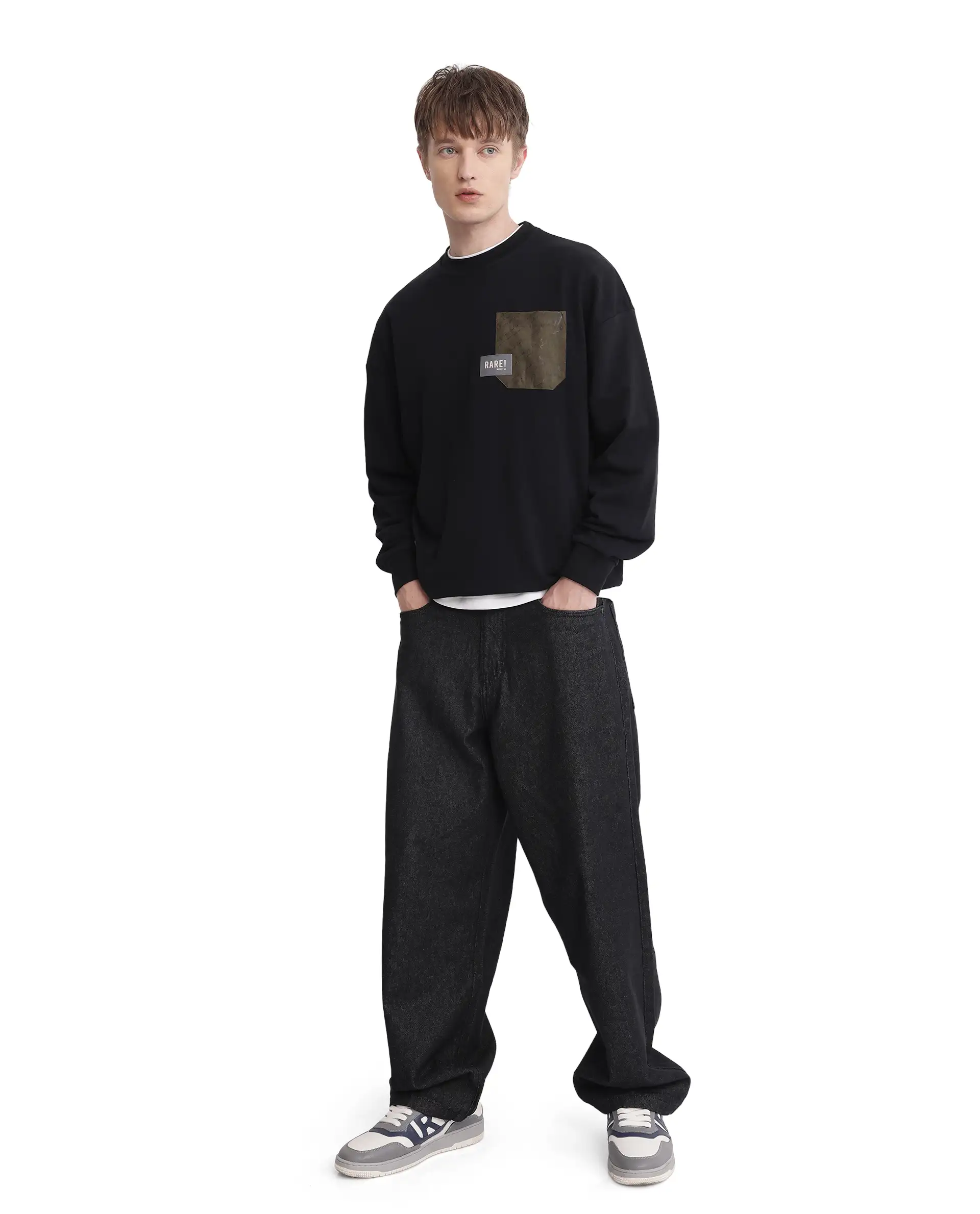 Rare Rabbit Men's Toren Black Cotton Blend Label Print Boxy Fit Full Sleeve Crew Neck Sweatshirt - Image 4