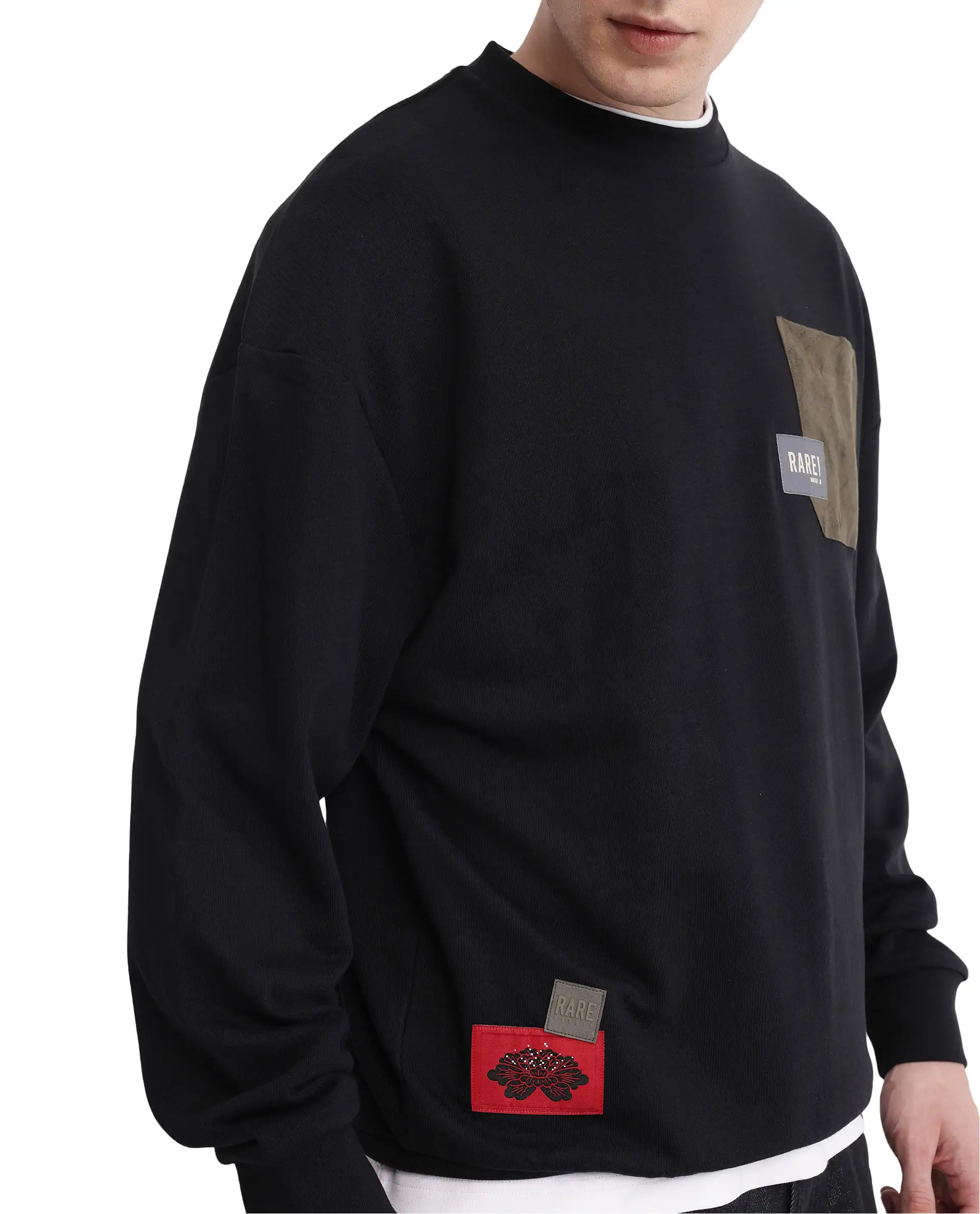 Rare Rabbit Men's Toren Black Cotton Blend Label Print Boxy Fit Full Sleeve Crew Neck Sweatshirt - Image 5