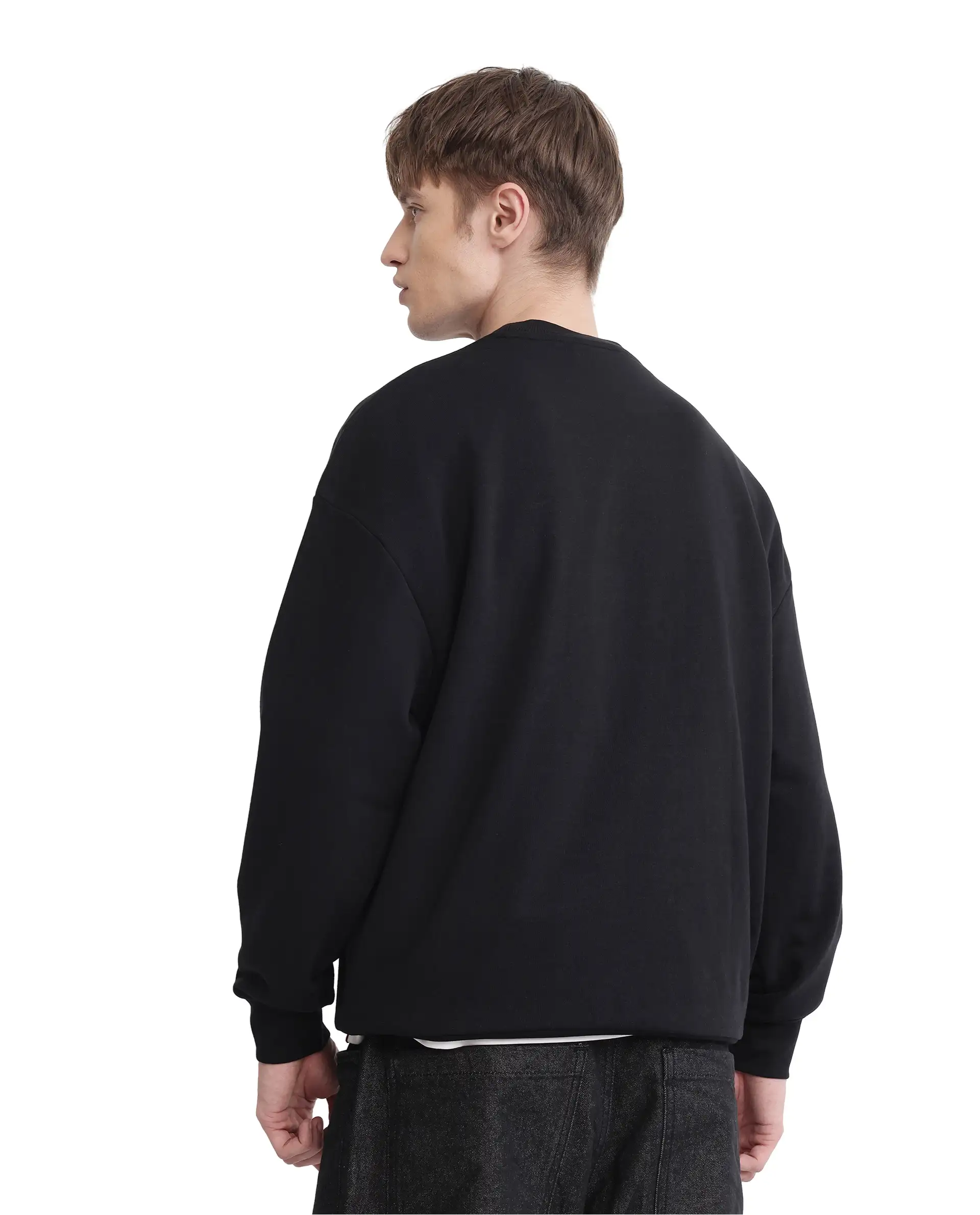 Rare Rabbit Men's Toren Black Cotton Blend Label Print Boxy Fit Full Sleeve Crew Neck Sweatshirt - Image 6