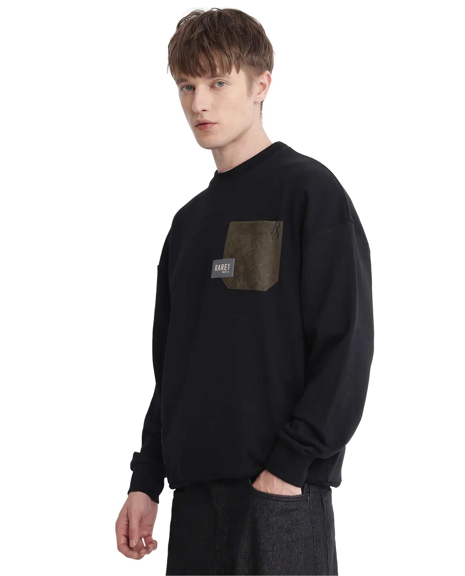 Rare Rabbit Men's Toren Black Cotton Blend Label Print Boxy Fit Full Sleeve Crew Neck Sweatshirt - Image 7