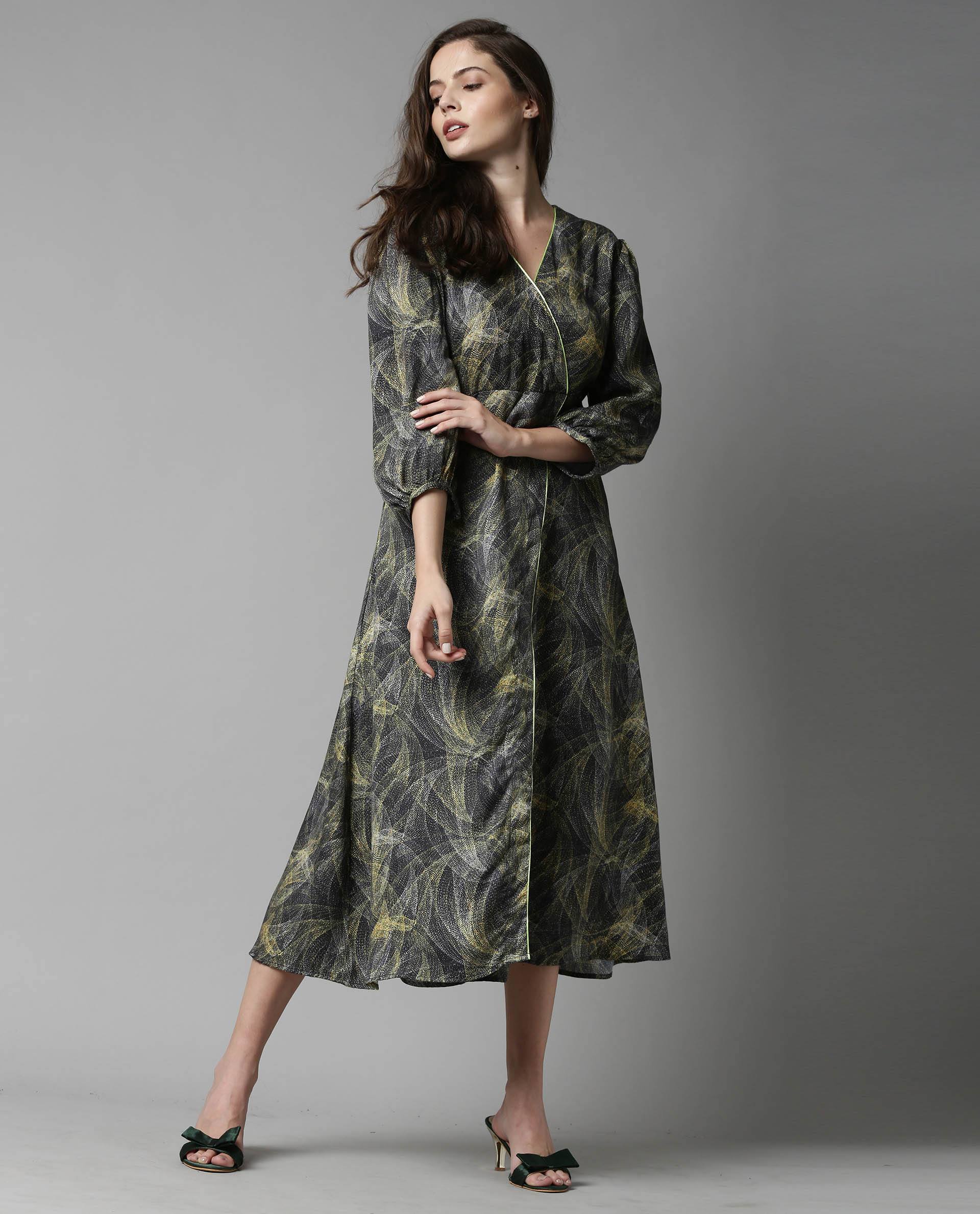 Rareism Women Tori Grey Dress Full Sleeves Printed
