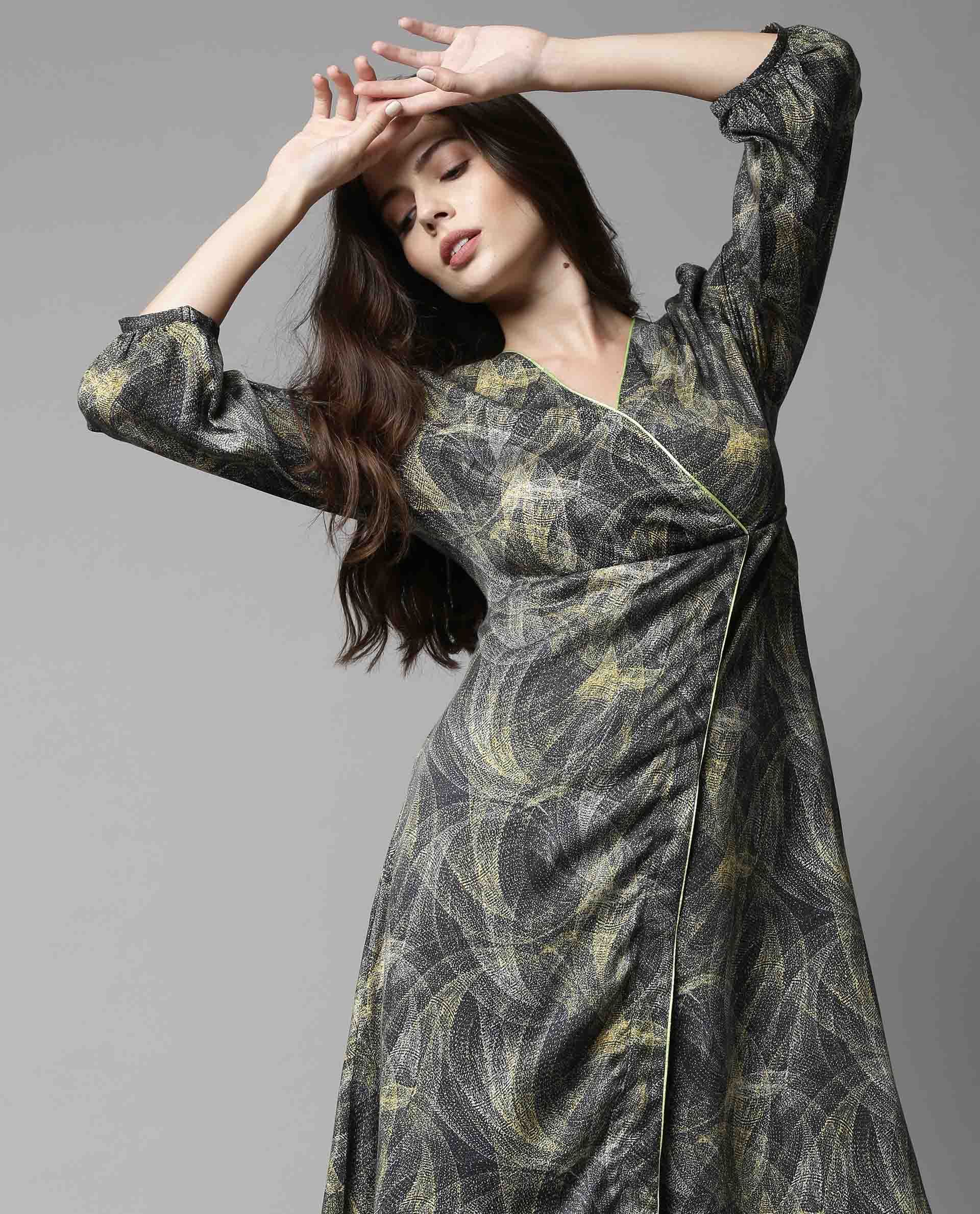 Rareism Women Tori Grey Dress Full Sleeves Printed - Image 2