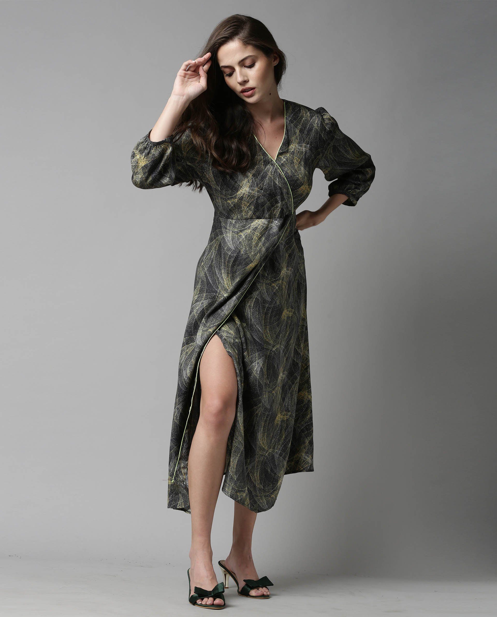 Rareism Women Tori Grey Dress Full Sleeves Printed - Image 3