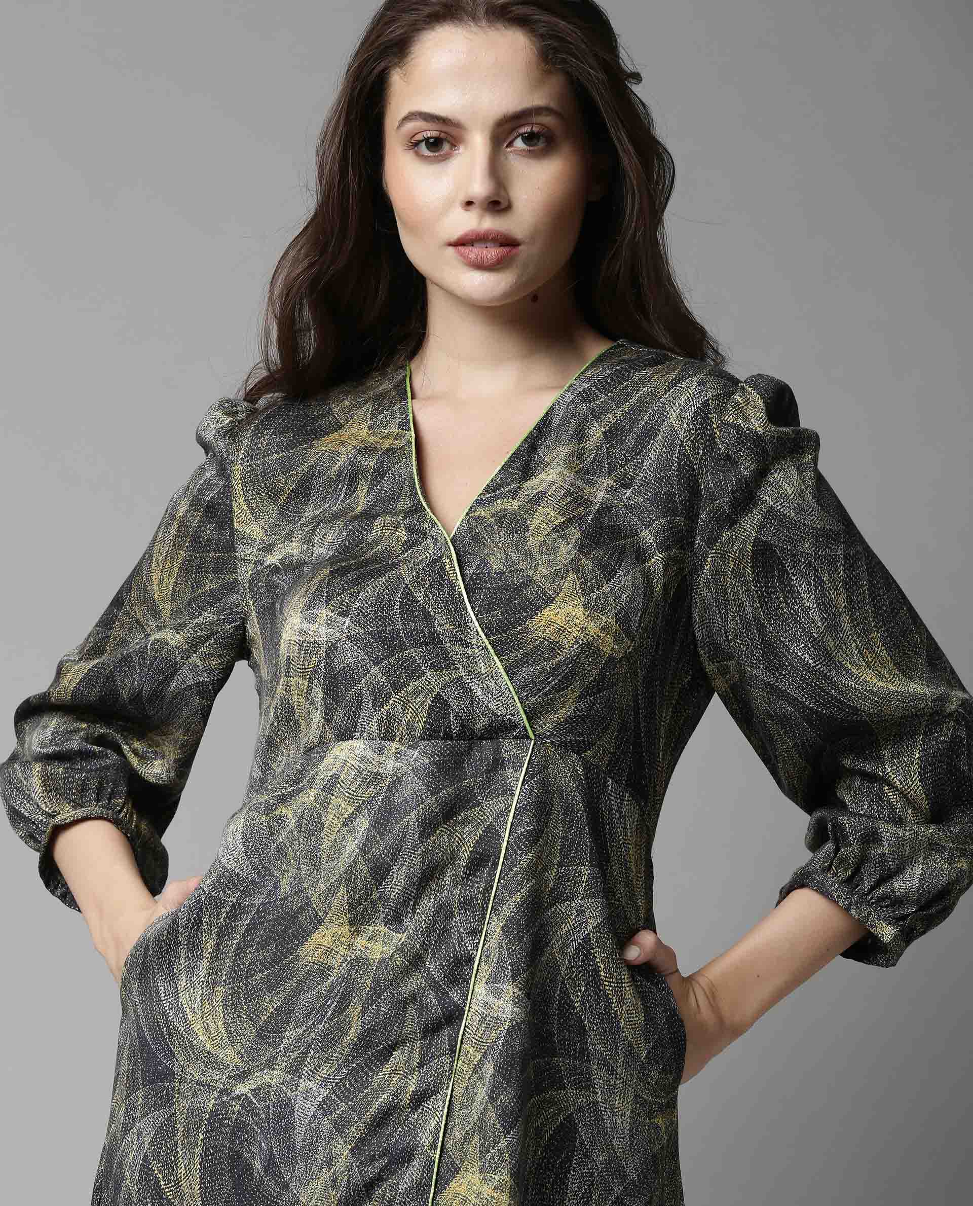Rareism Women Tori Grey Dress Full Sleeves Printed - Image 4