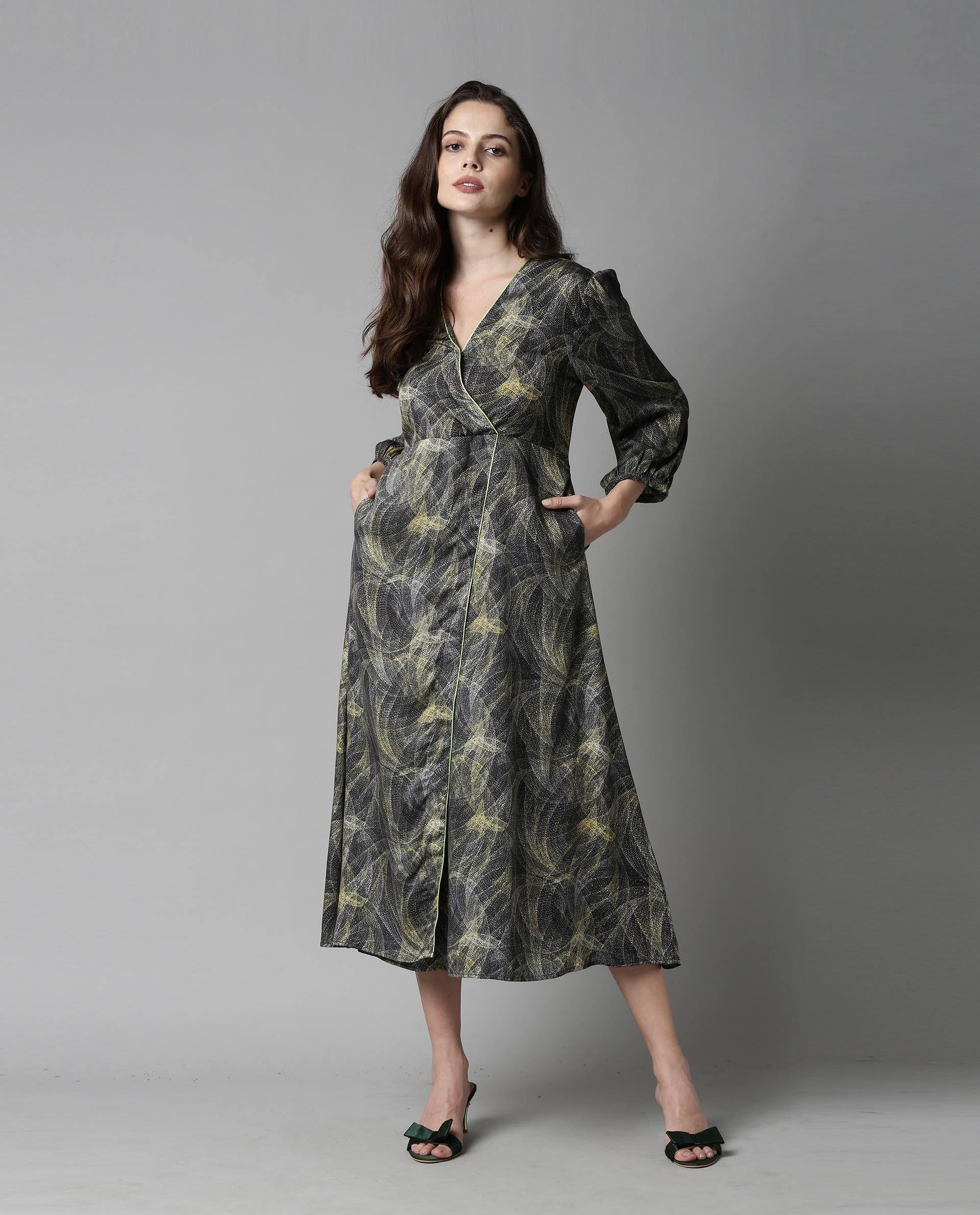 Rareism Women Tori Grey Dress Full Sleeves Printed - Image 5
