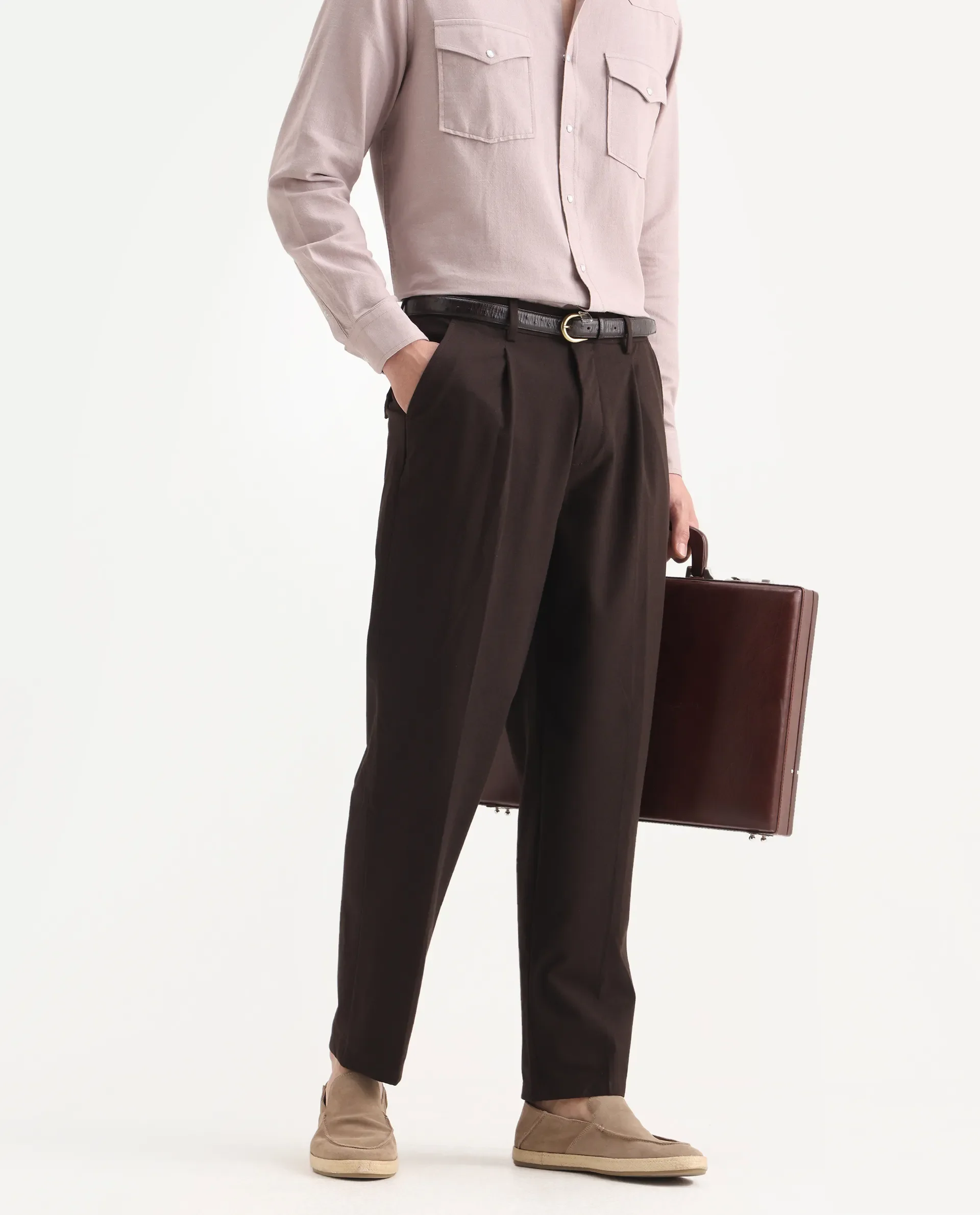 Rare Rabbit Men's Tori Dark Brown Cotton Plain Relaxed Fit Trouser - Image 2