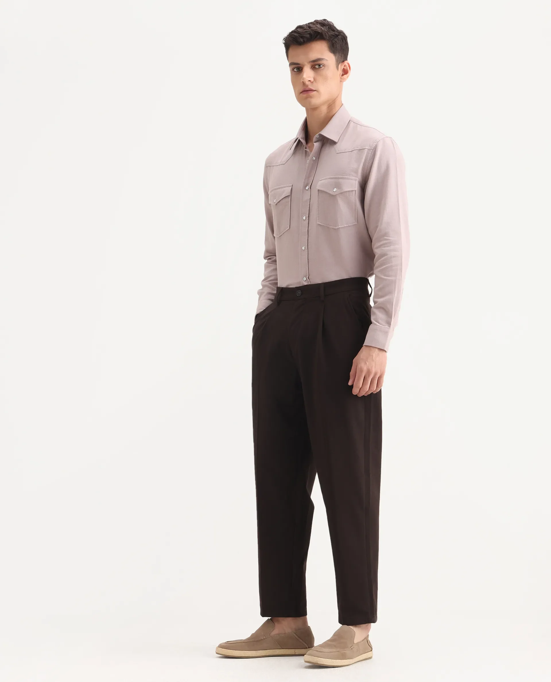 Rare Rabbit Men's Tori Dark Brown Cotton Plain Relaxed Fit Trouser - Image 5