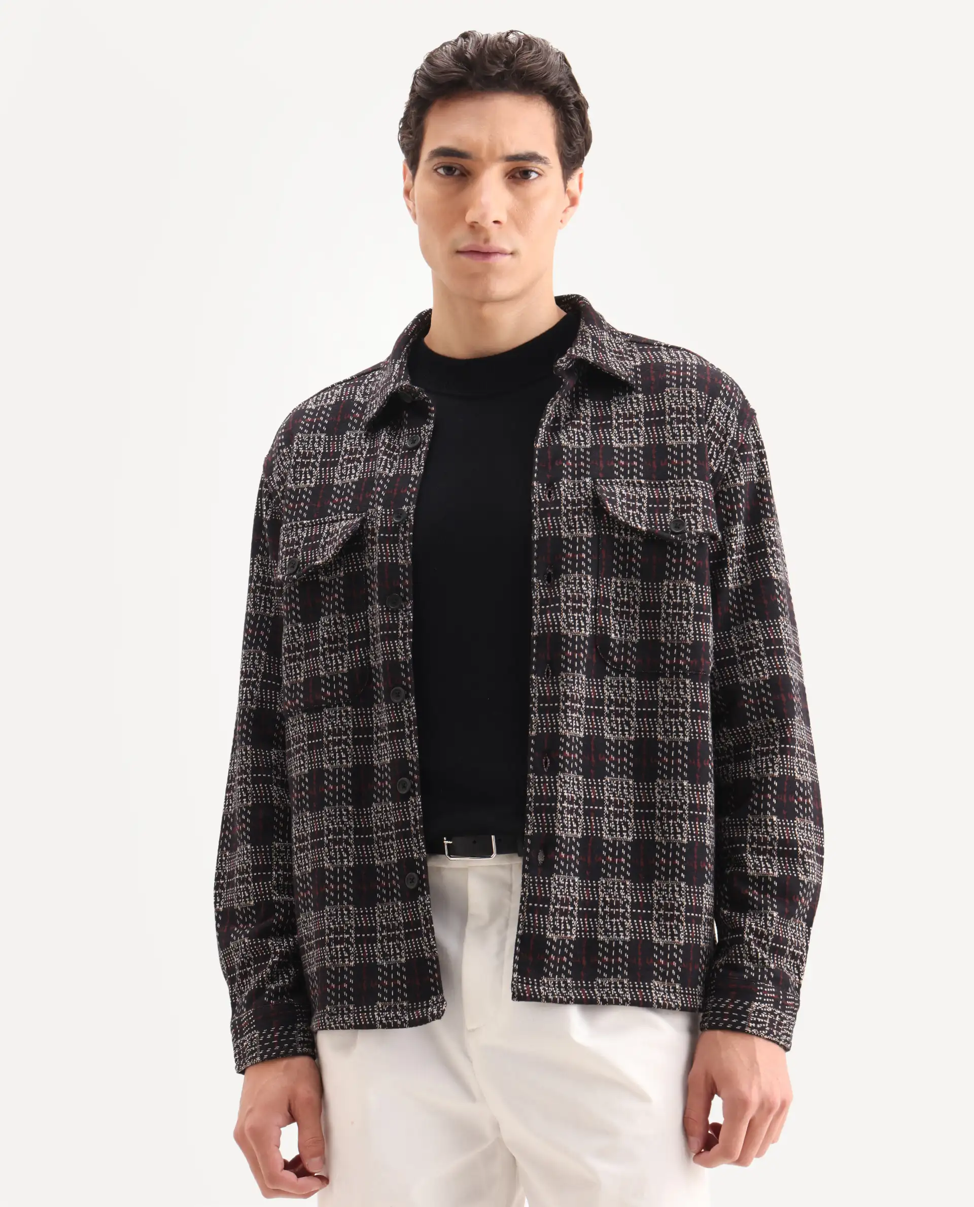 Rare Rabbit Men's Torija Black Cotton Checked Print Relaxed Fit Full Sleeve Collared Shacket - Image 3
