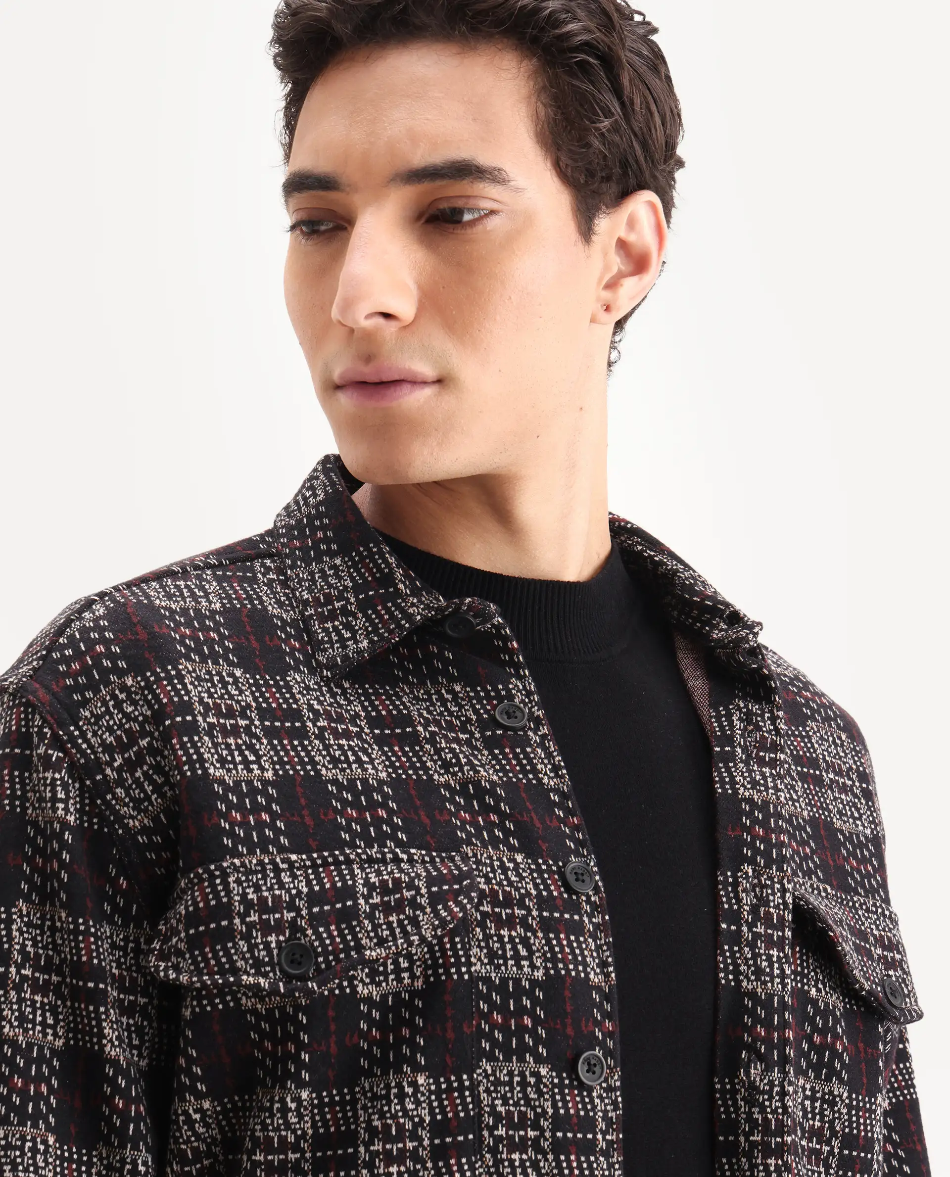 Rare Rabbit Men's Torija Black Cotton Checked Print Relaxed Fit Full Sleeve Collared Shacket - Image 4